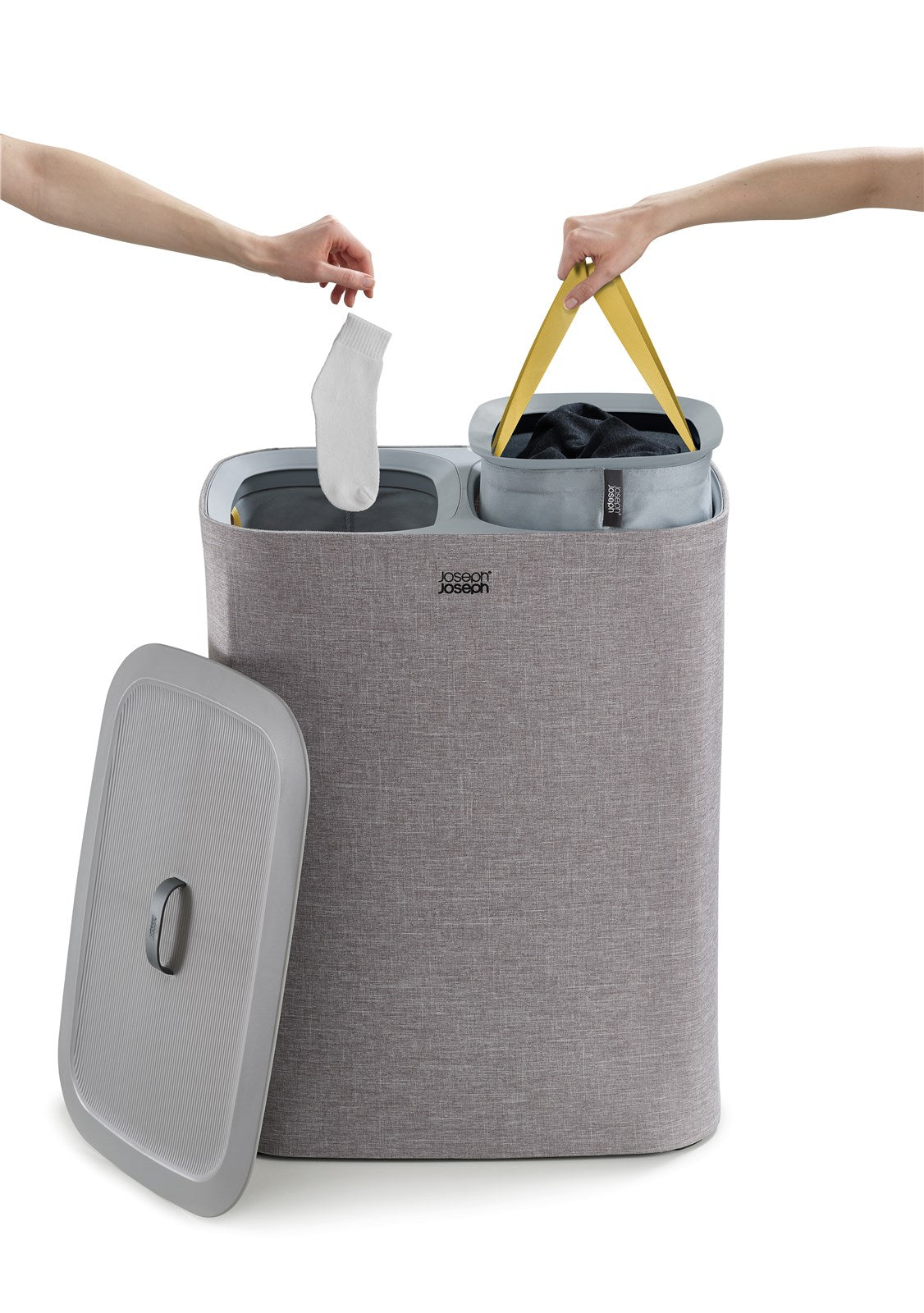 Moderner 90-Liter-Wäschetrennkorb in Grau von Joseph Joseph: robust, stilvoll, mit Trennfächern und Griffen für einfache Sortierung.