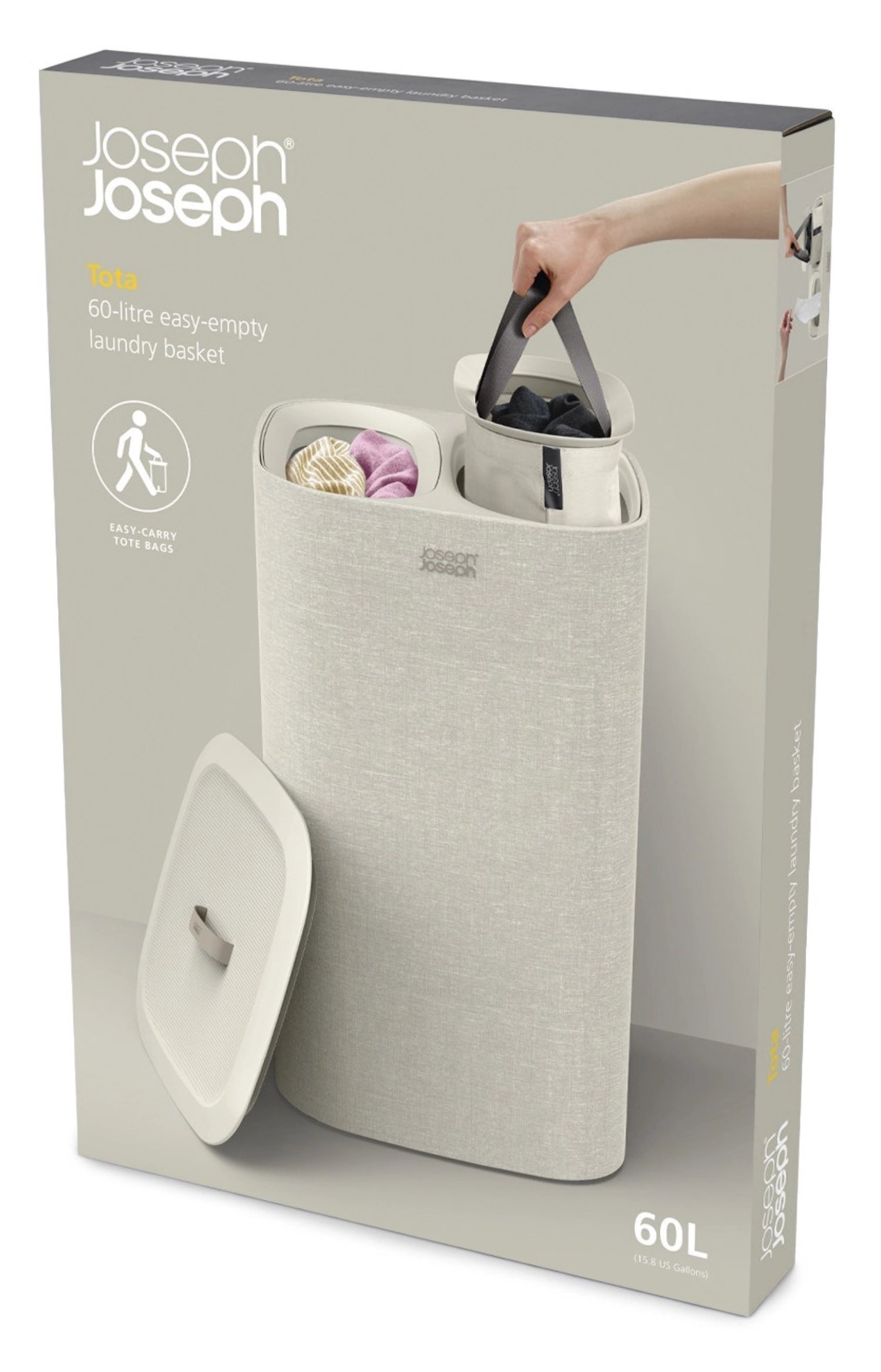 Eleganter 60L Wäschekorb Tota in Ecru von Joseph Joseph, ideal für stilvolle Wäscheorganisation und platzsparende Aufbewahrung.