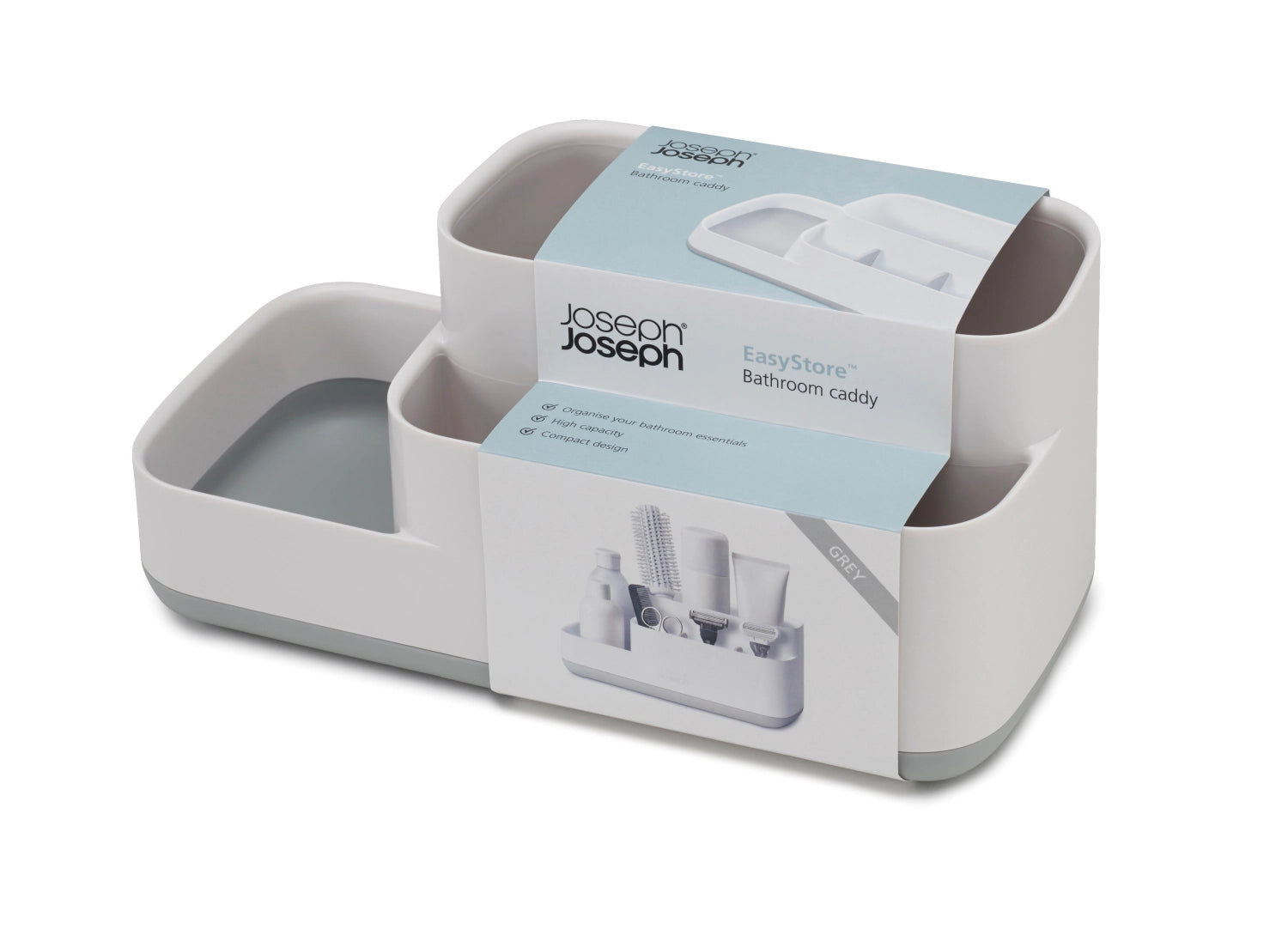 Stylischer Badezimmer Caddy von Joseph Joseph in elegantem Weiß und Grau, perfekt für die ordentliche Aufbewahrung von Toilettenartikeln und Pflegeprodukten.
