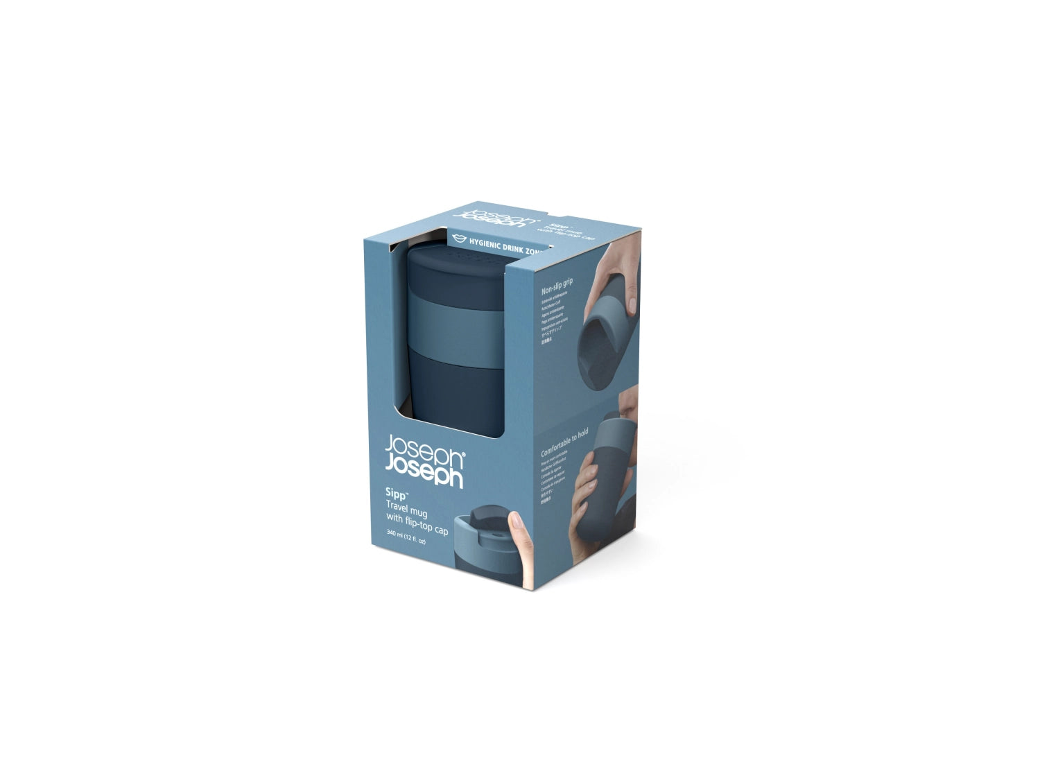 Eleganter blauer Sipp Travel Mug von Joseph Joseph, 340ml, ideal für unterwegs, mit innovativem Auslaufschutz und komfortablem Griff.