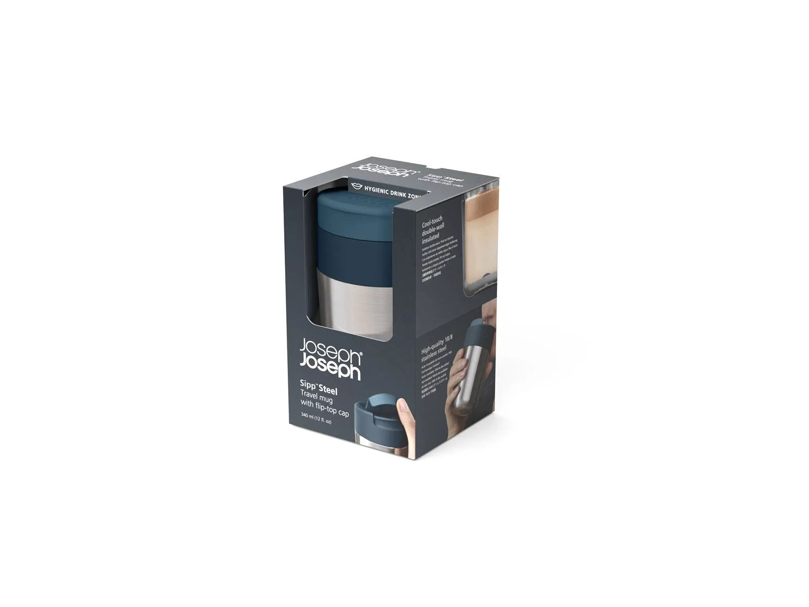 Eleganter 340ml Edelstahlbecher von Joseph Joseph für unterwegs.