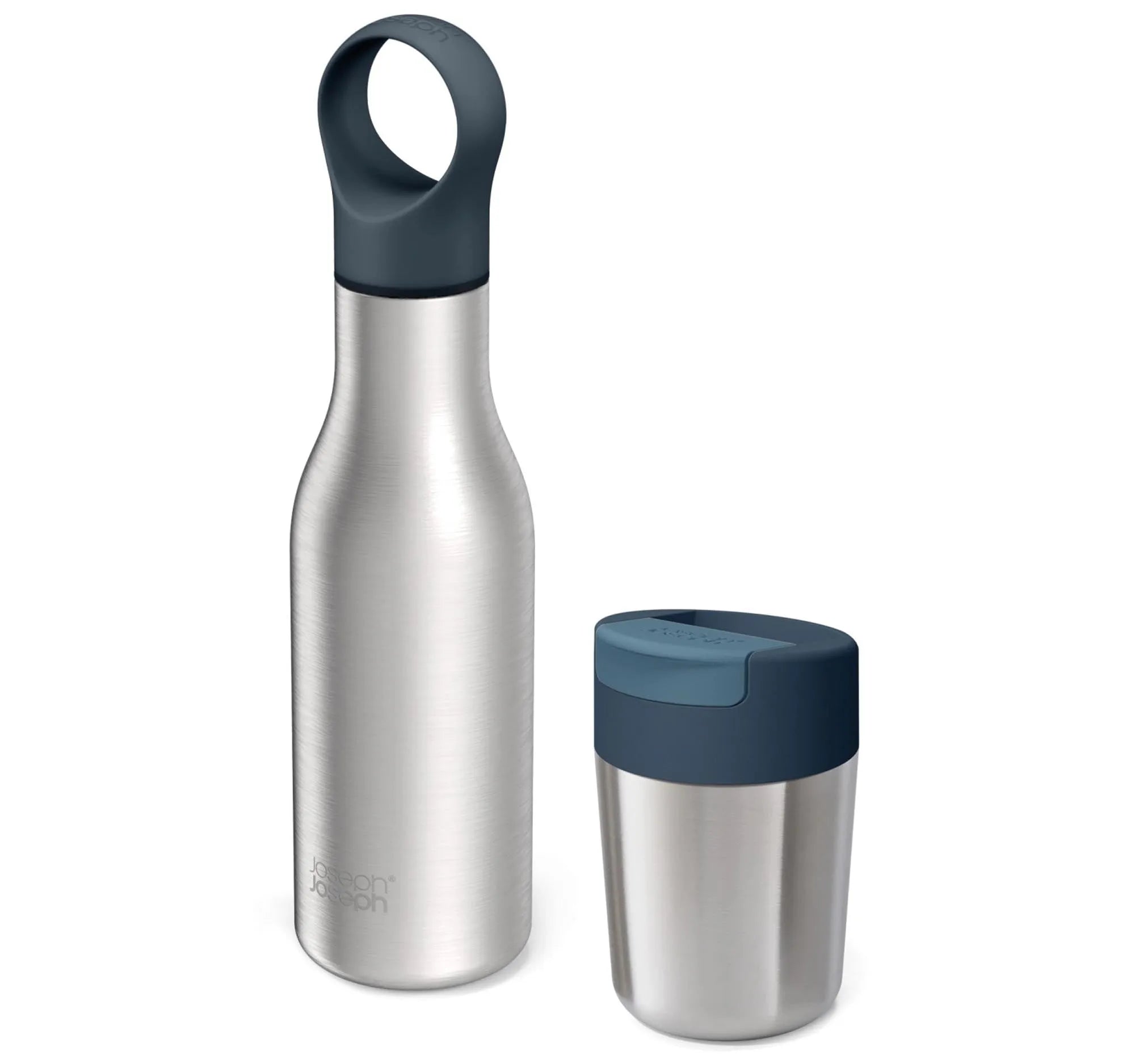 Stilvolles Geschenkset von Joseph Joseph: Edelstahl-Flasche, Travel Mug & Kanne für nachhaltigen Genuss unterwegs.