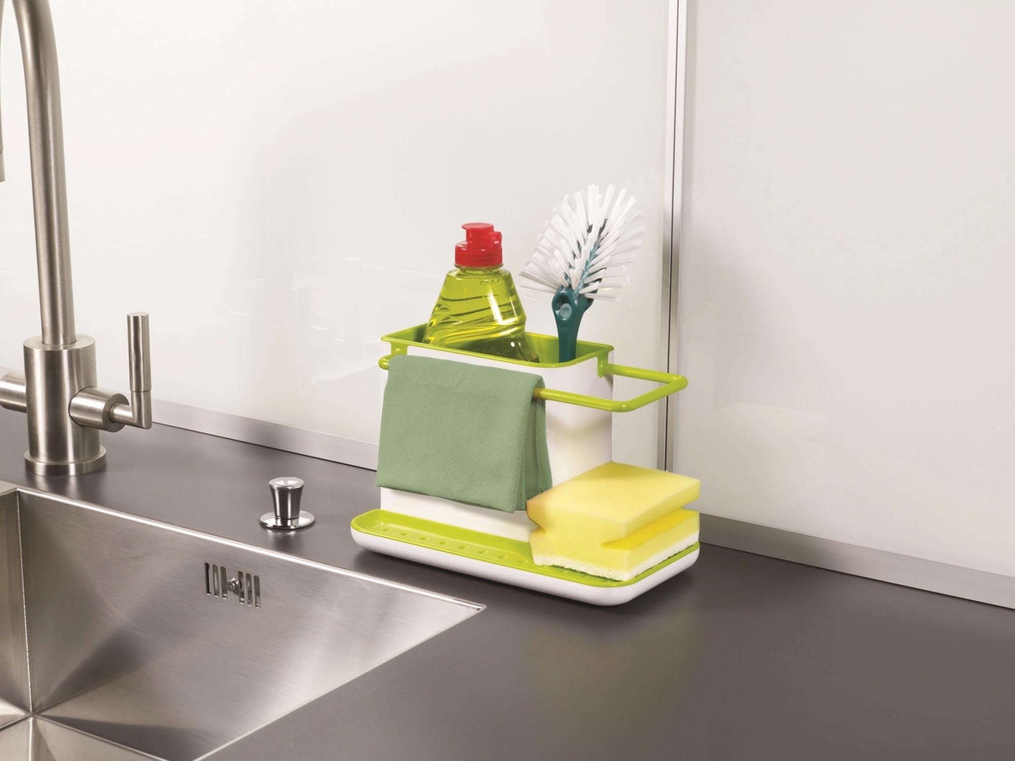Praktischer Sink Caddy in modernem schwarz-grau für eine aufgeräumte Küche. Ideal für Schwämme und Bürsten, leicht zu reinigen.