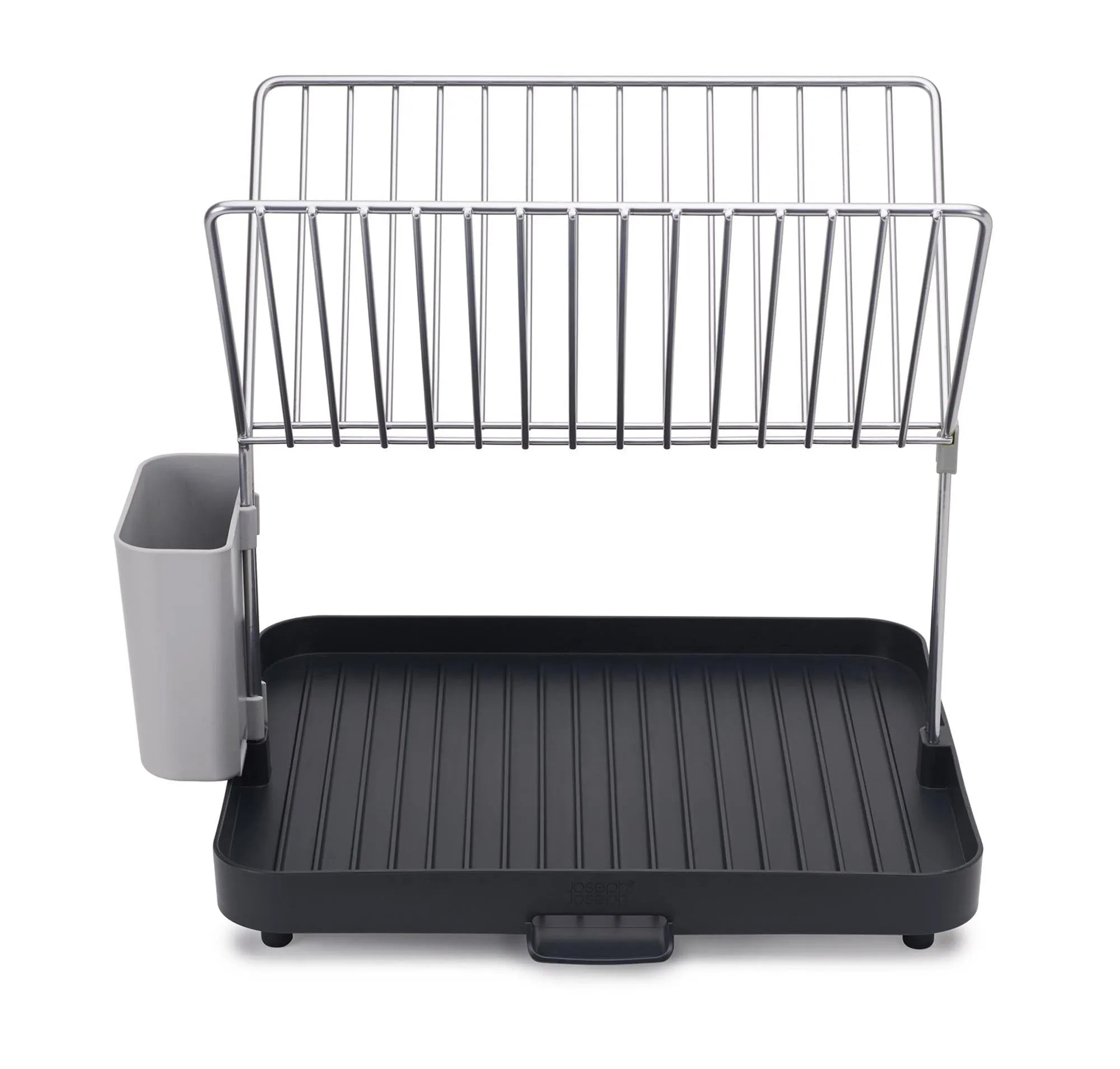 Kompakter Y-Rack Geschirrabtropfständer in Grau von Joseph Joseph, mit Gitter für effizientes Trocknen und platzsparende Aufbewahrung.