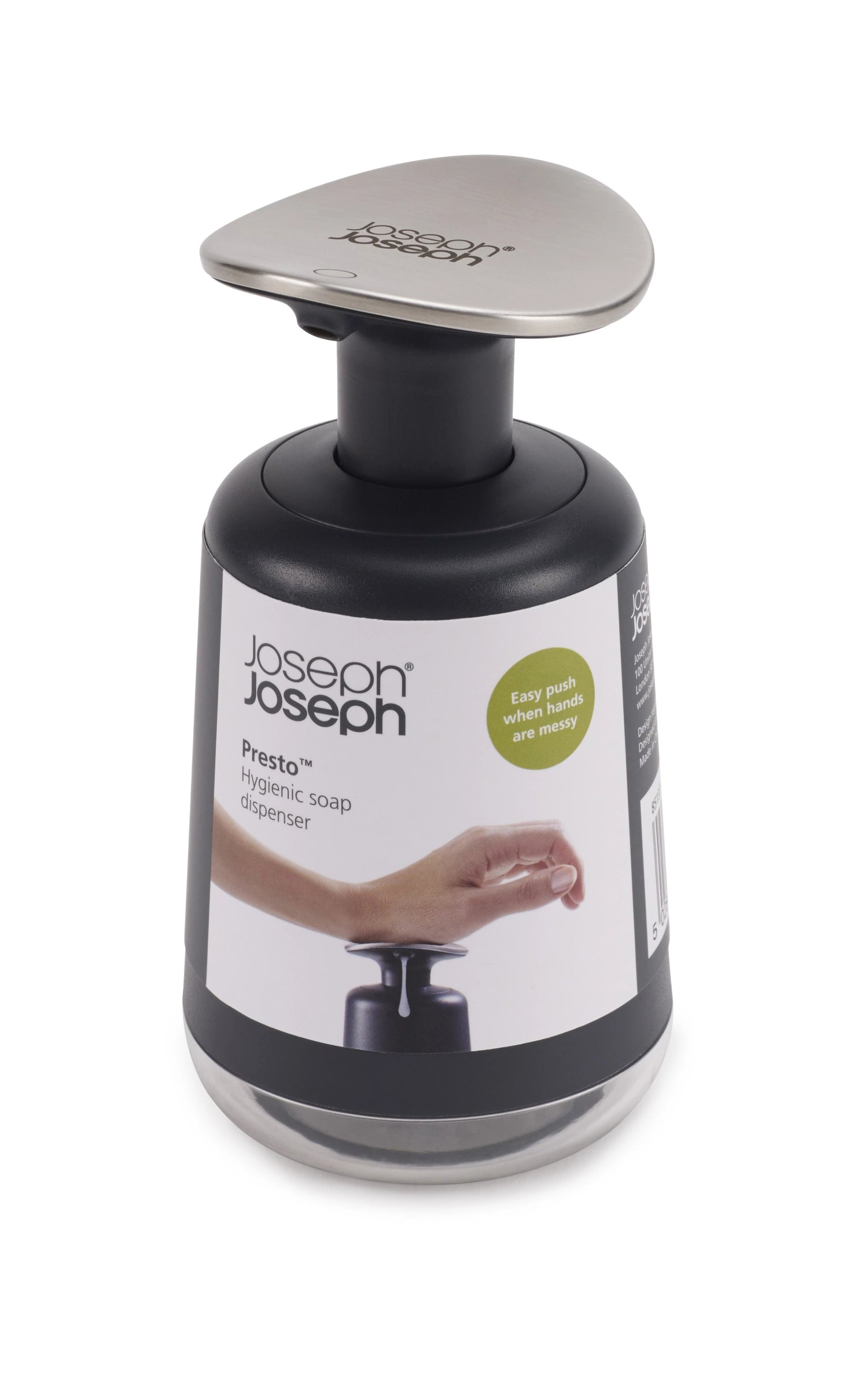 Eleganter grauer Seifenspender Presto von Joseph Joseph, 14,6 cm hoch, perfekt für modernes Badezimmerdesign und einfache Handhabung.