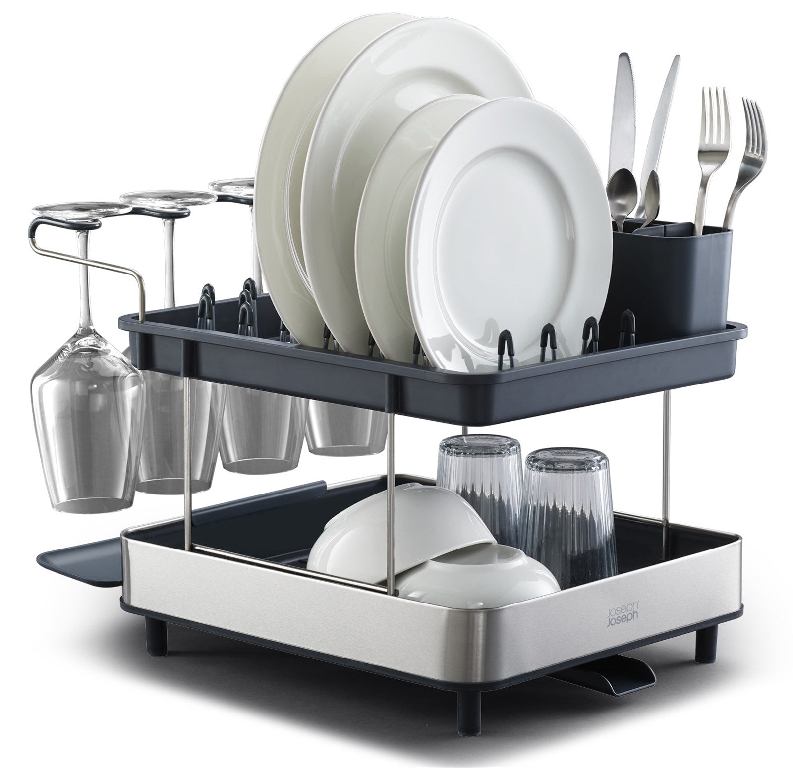 Das Excel Steel 2-stufige Abtropfgestell von Joseph Joseph vereint elegantes Design mit Funktionalität und bietet Platz für Geschirr und Gläser.