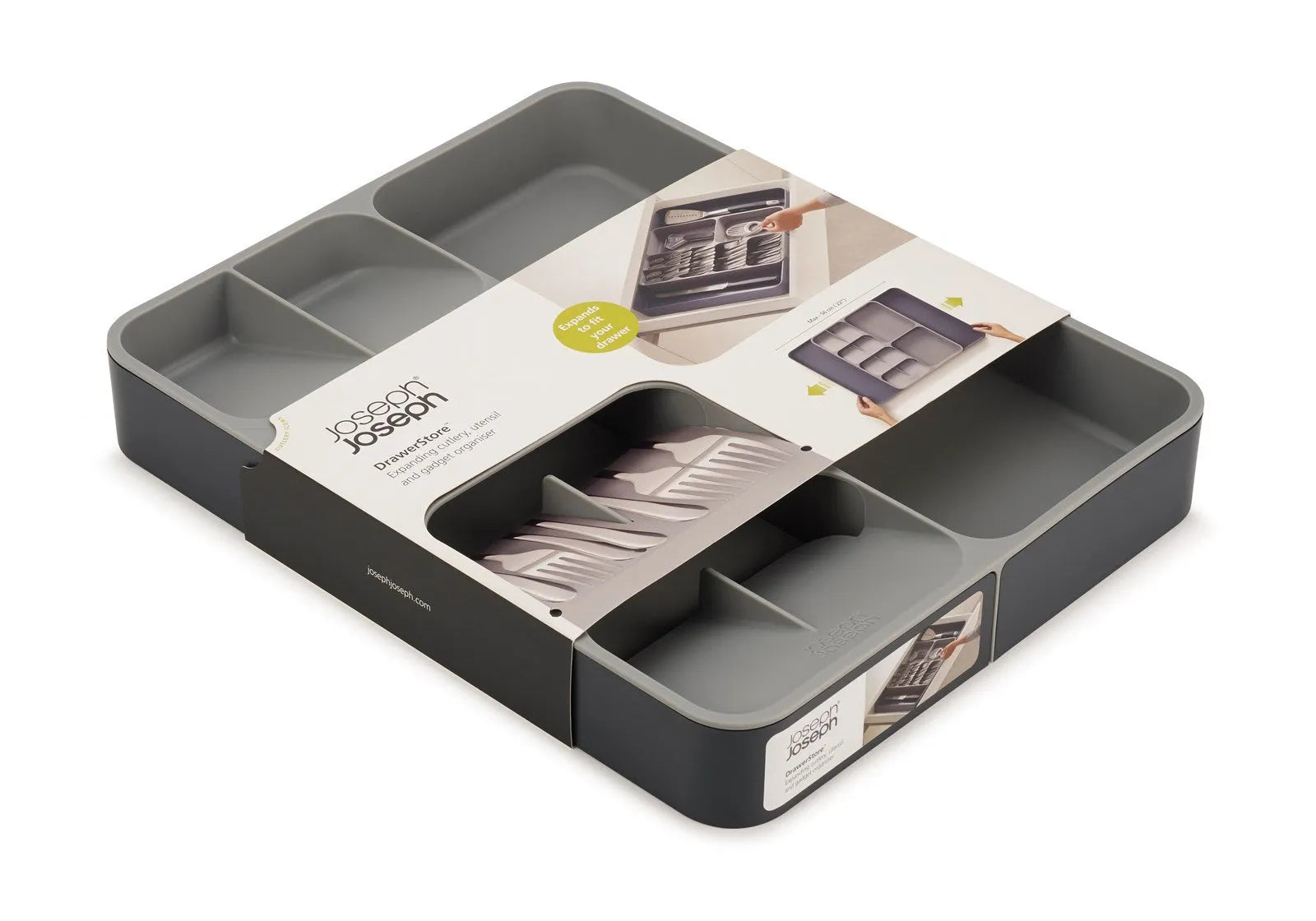 Effiziente Schubladenorganisation mit Joseph Josephs DrawerStore Grau.