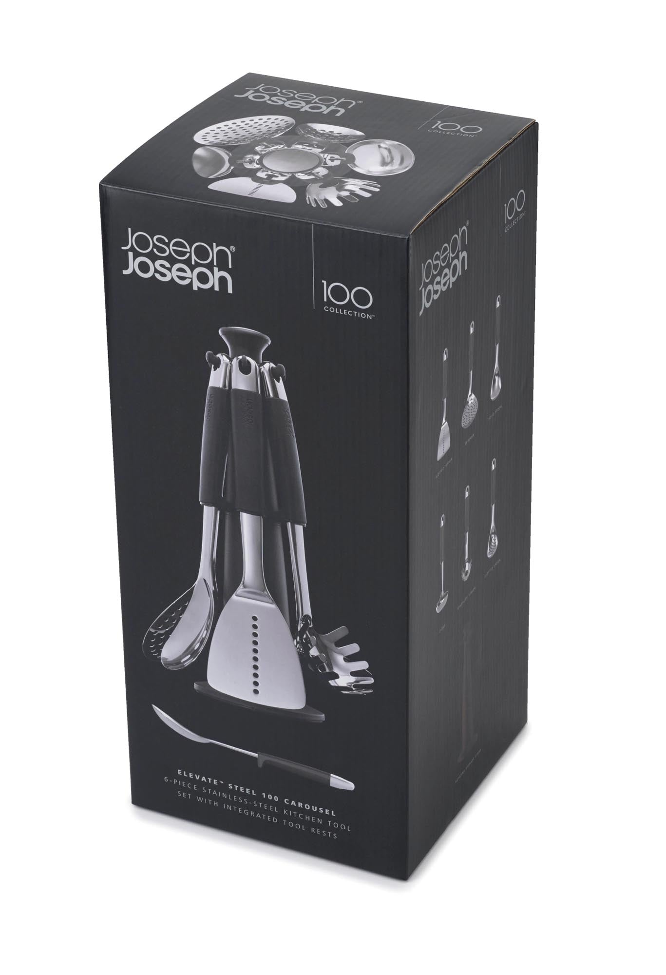 Entdecken Sie das Edelstahl Collection Elevate Karussell von Joseph Joseph: 6 hochwertige Küchenhelfer, ergonomisch, platzsparend und leicht zu reinigen.
