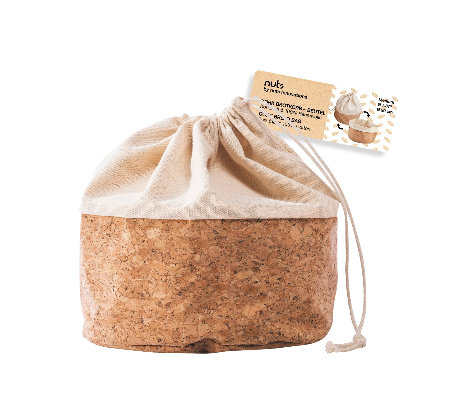 Brotbeutel mit Kordel, Baumwolle M, cork/beige, 20cm