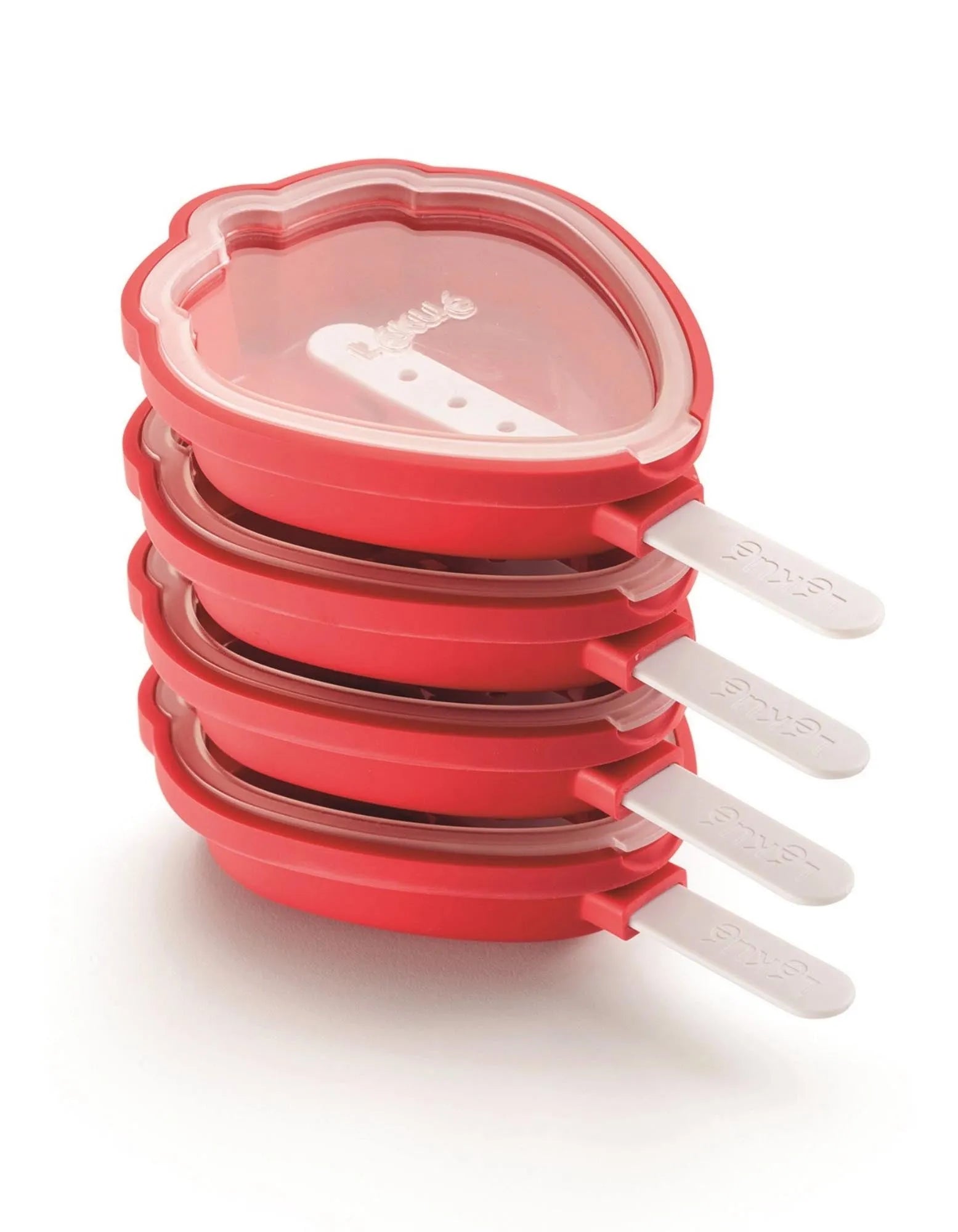 Lékué Eis am Stiel Set: 4 rote Erdbeerformen, ideal für Fruchtsaft, Joghurt & Smoothies. Spülmaschinenfest & kinderleicht zu reinigen.