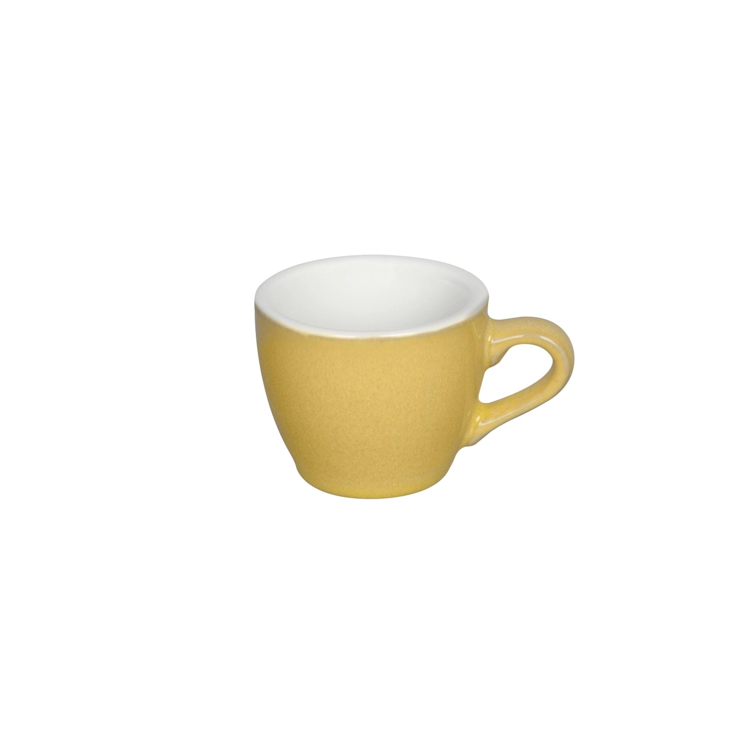 Weiße Espresso-Tasse in Eiform mit glatter, minimalistischer Oberfläche auf hellem Hintergrund.