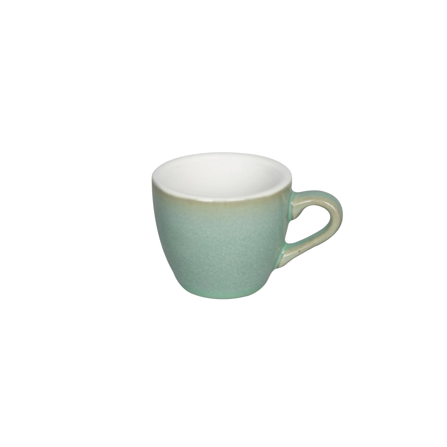 Keramiktasse in Eiform mit glänzender, cremeweißer Oberfläche und minimalistischem Design.