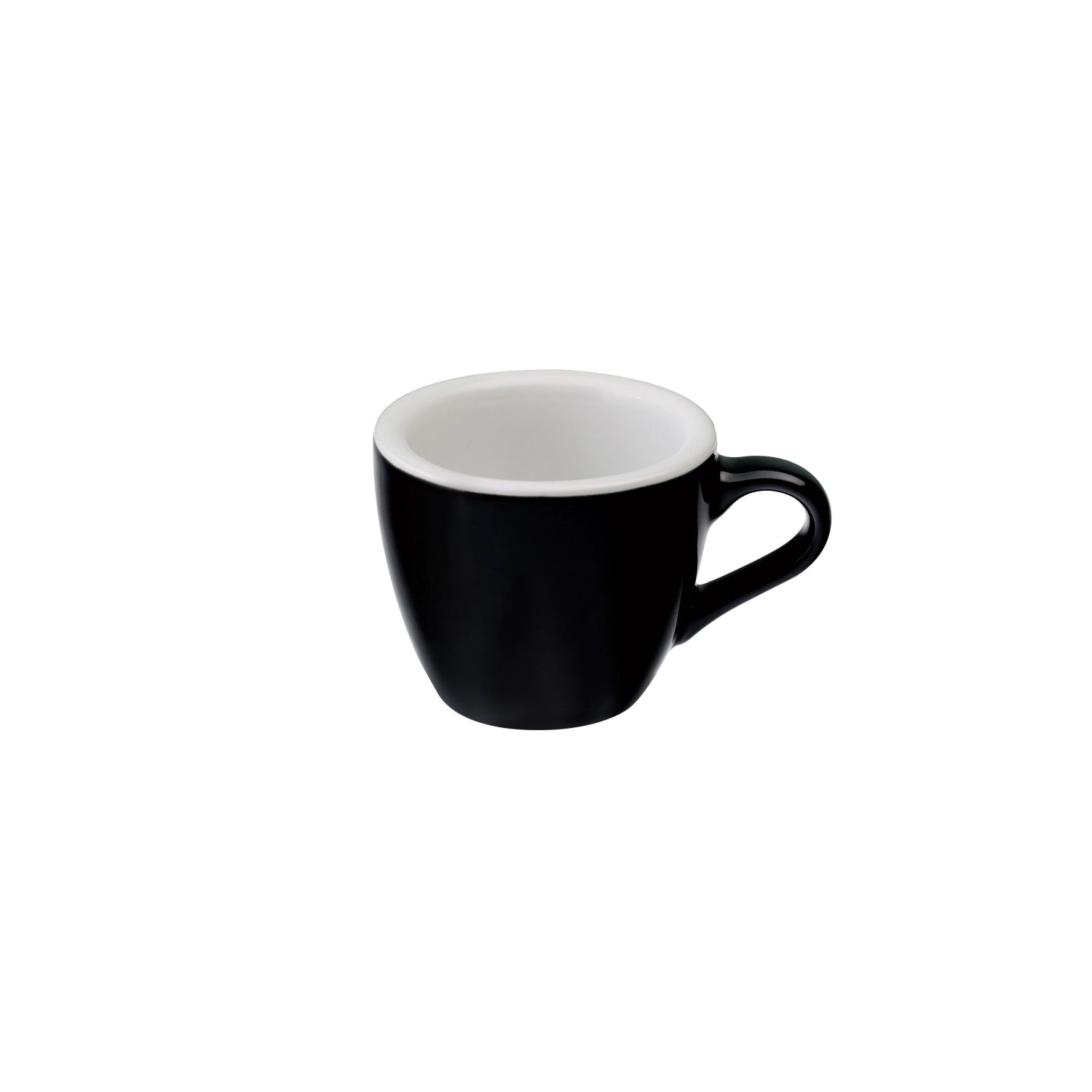 Weiße Espresso-Tasse in Eiform mit glatter, minimalistischer Oberfläche auf hellem Hintergrund.