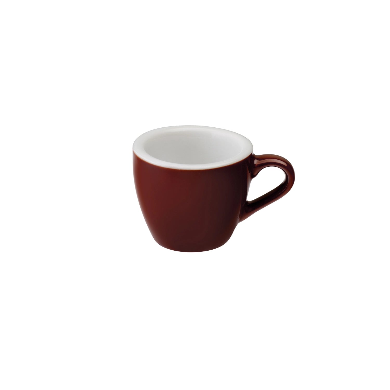 Keramiktasse in Eiform mit Henkel, cremefarben, auf weißem Hintergrund.