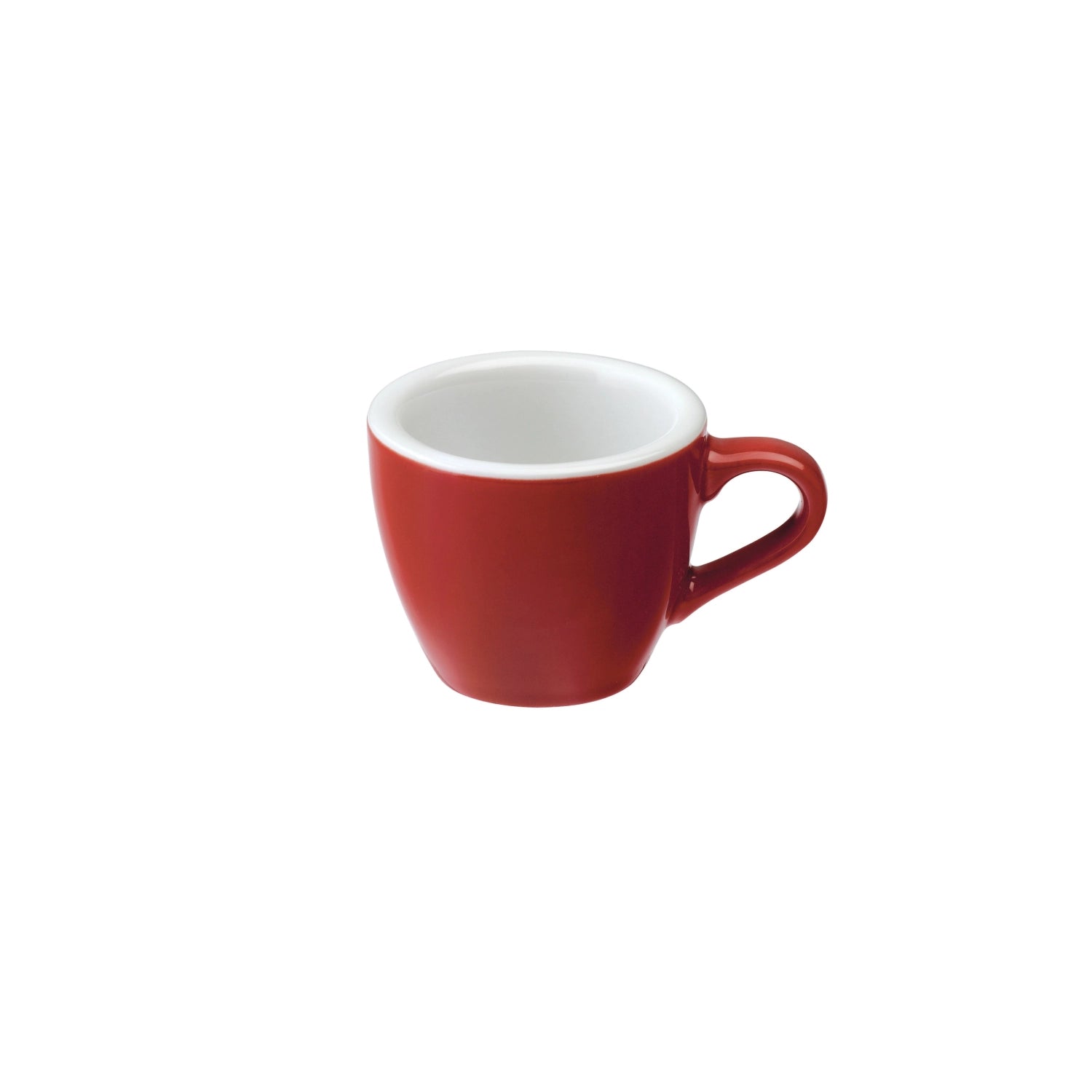 Keramiktasse in Eiform mit Henkel, cremefarben, auf weißem Hintergrund.
