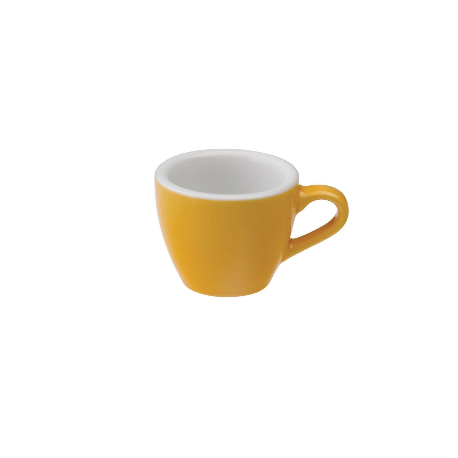 Keramiktasse in Eiform mit Henkel, cremefarben, auf weißem Hintergrund.