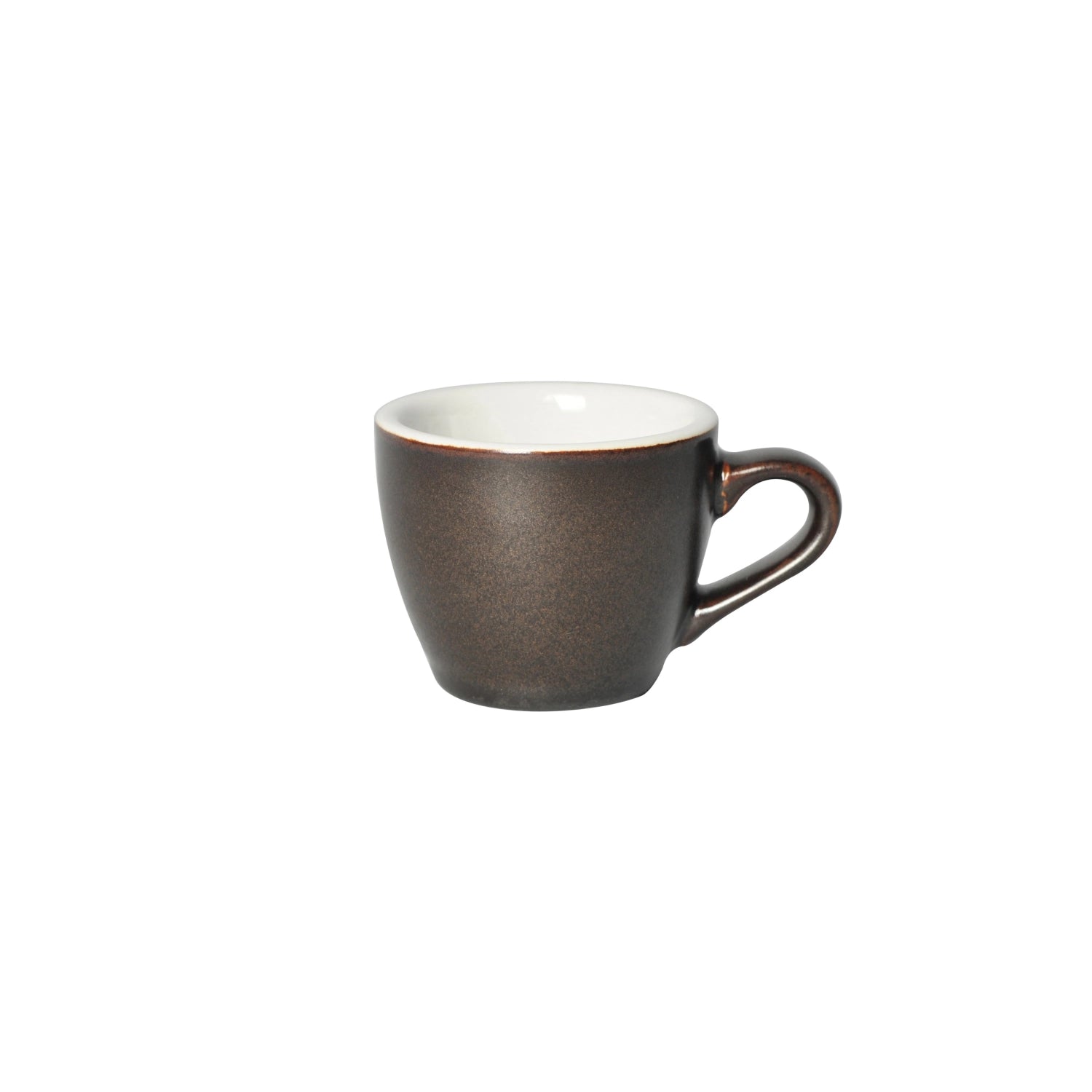 Weiße Espresso-Tasse in Eiform mit glatter, minimalistischer Oberfläche auf hellem Hintergrund.