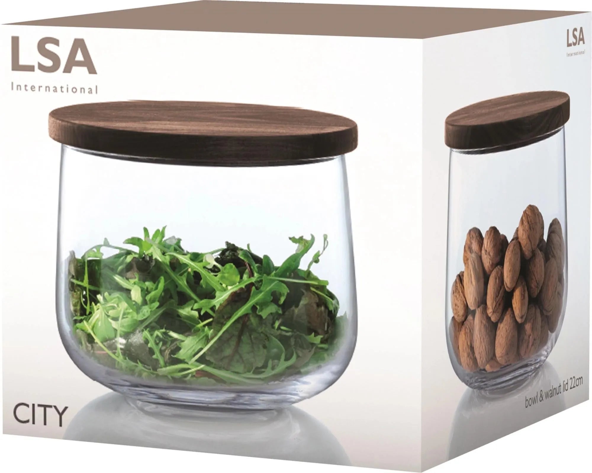 LSA City Glasbehälter mit edlem Nussbaumdeckel, Ø22cm, transparent.