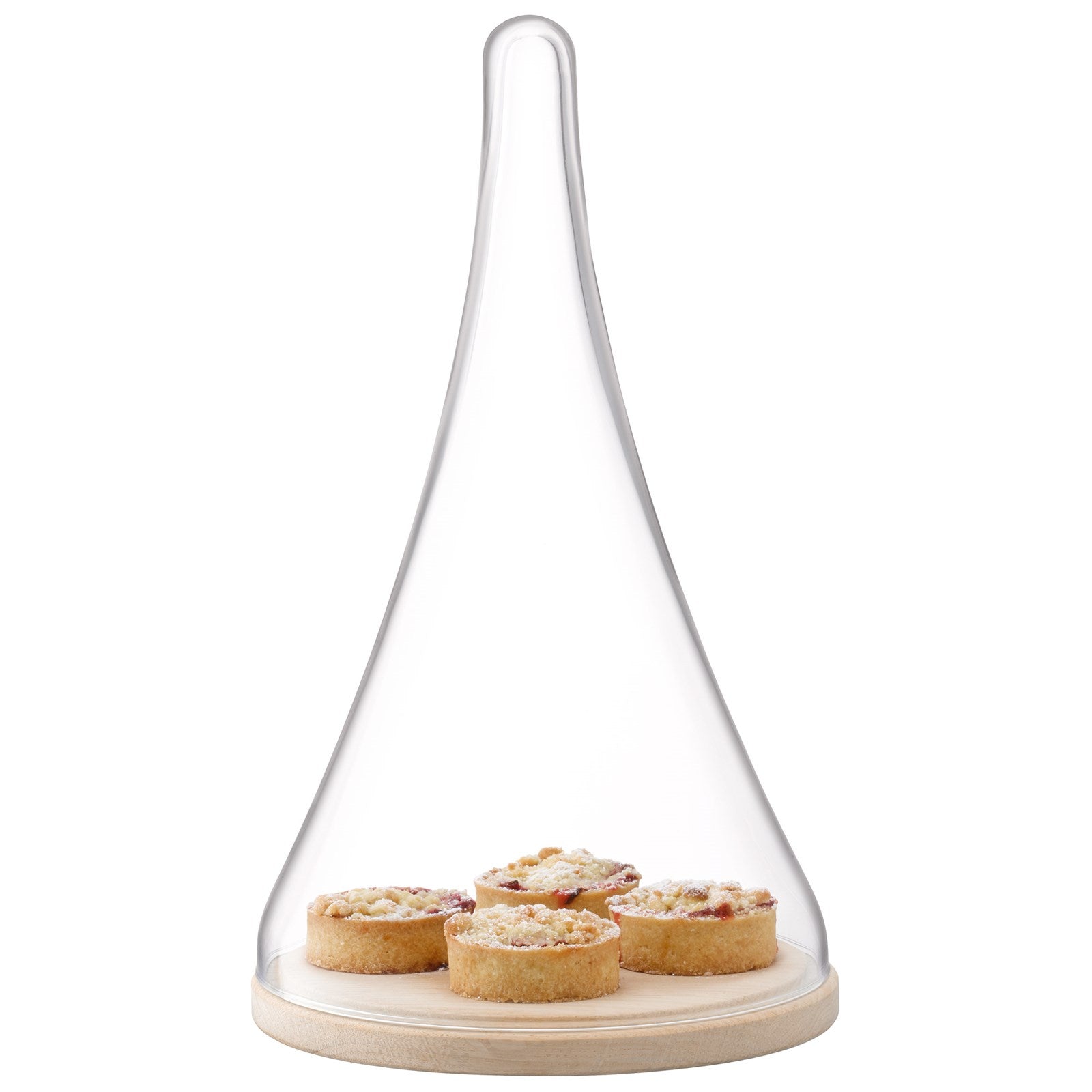 Elegante Cloche Dome Platte aus Eichenholz und Glas, Ø21cm, H35.5cm, ideal für Käse, Obst und Desserts.