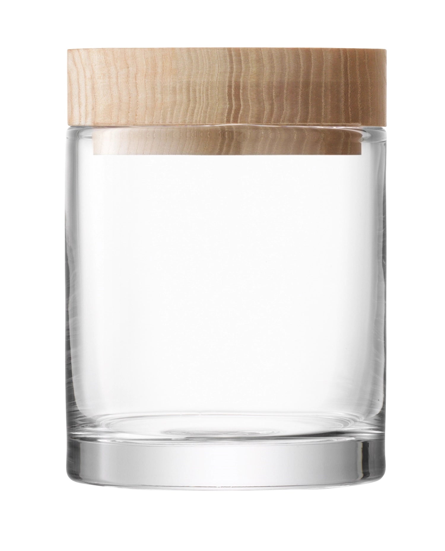 Elegante LSA Dose aus klarem Glas mit Eschedeckel, 14 cm hoch, ideal für Küche und Wohnraum. Praktisch, stilvoll, vielseitig.