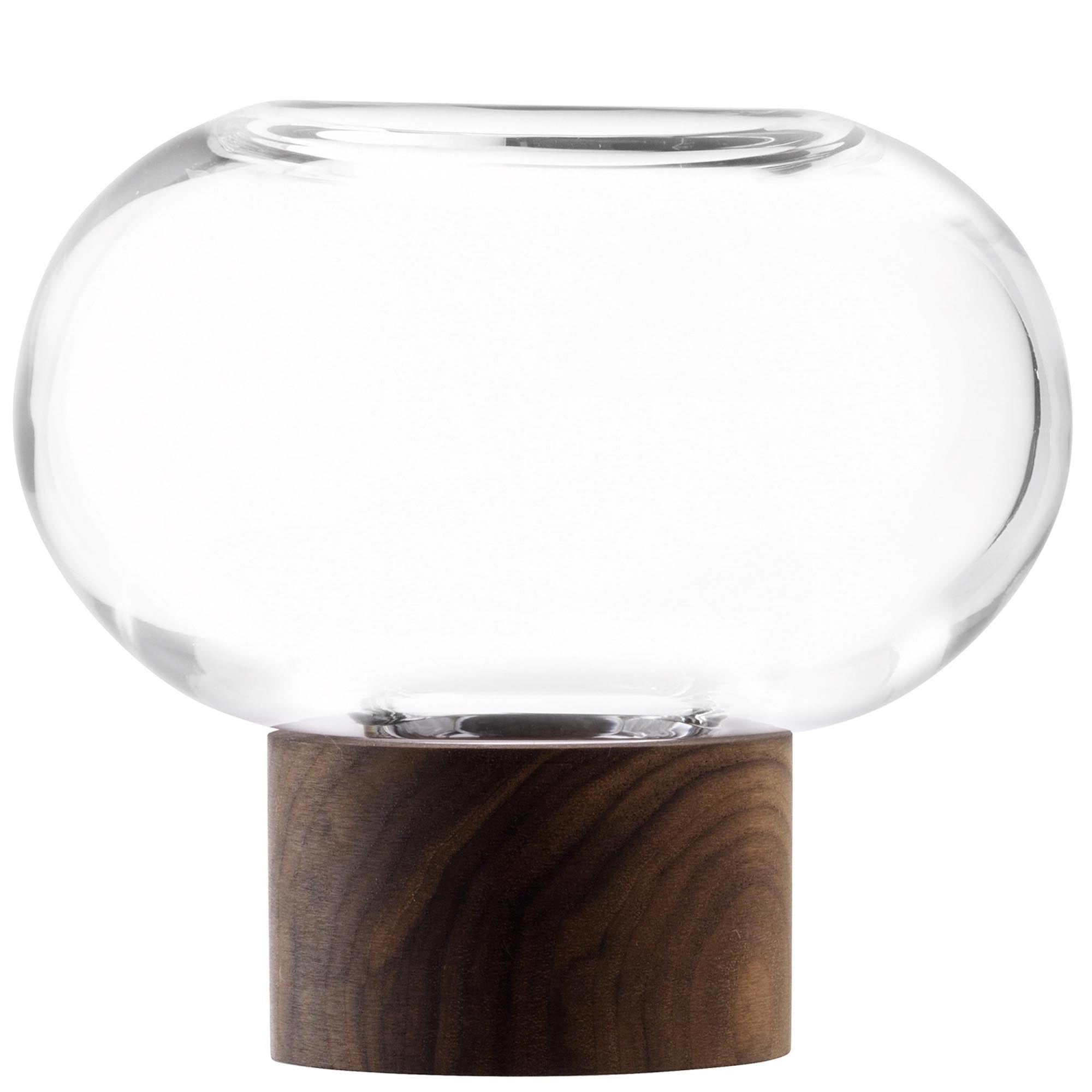 Elegante Vase aus klarem Glas mit Walnussfuß, Ø15cm, H13.5cm.