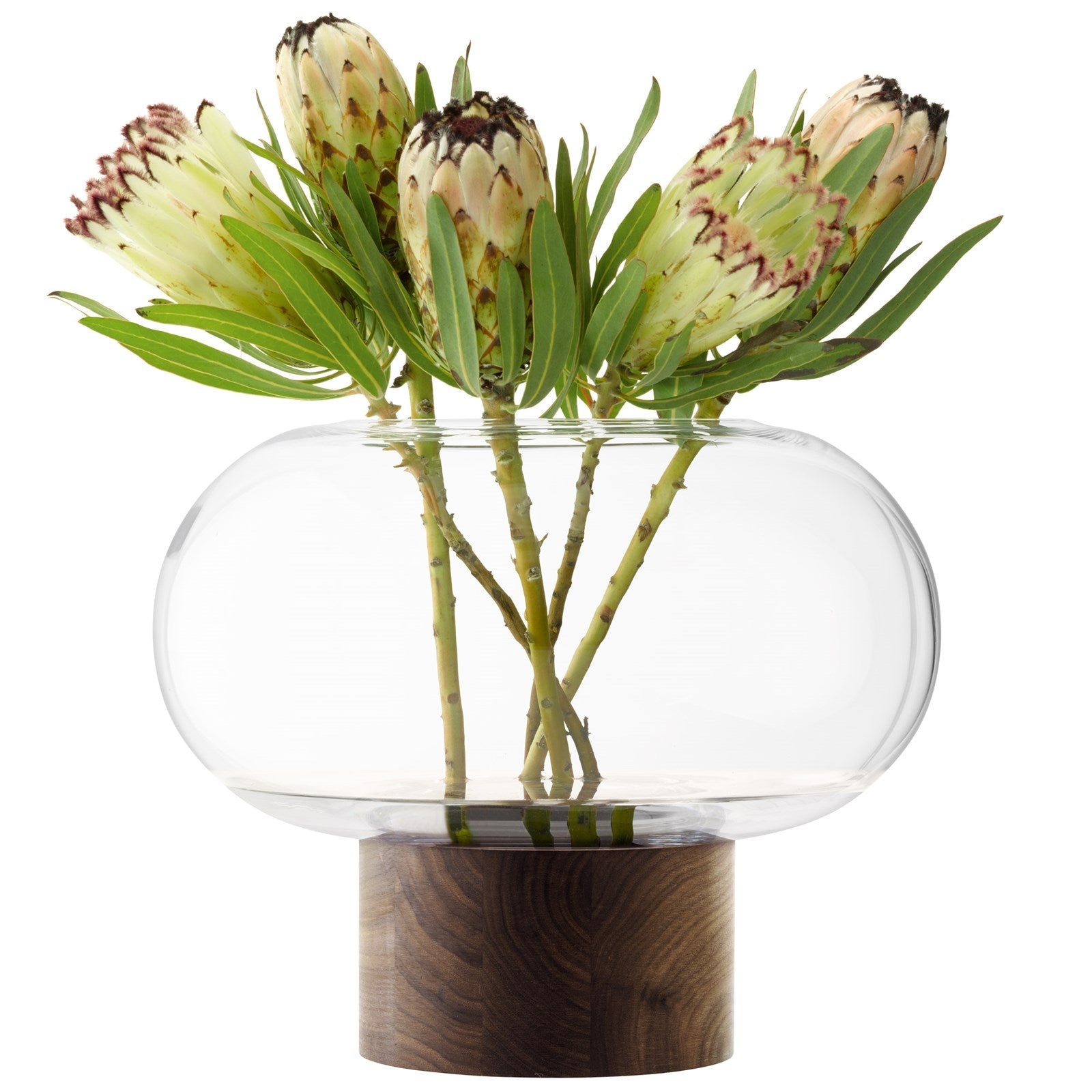 Stilvolle Vase aus klarem Glas und Walnussholz, Ø35cm, H28cm, für Blumen oder Kerzenlicht.