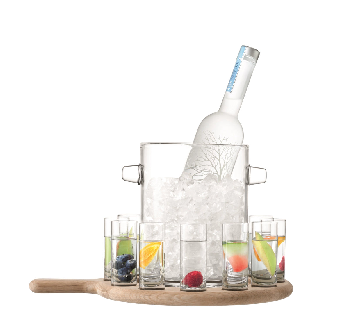 Rundes Paddle Wodka Servierset aus Eiche mit zwölf transparenten Schnapsgläsern aus Glas um einen zentralen Eiskübel, Griffe am Rand