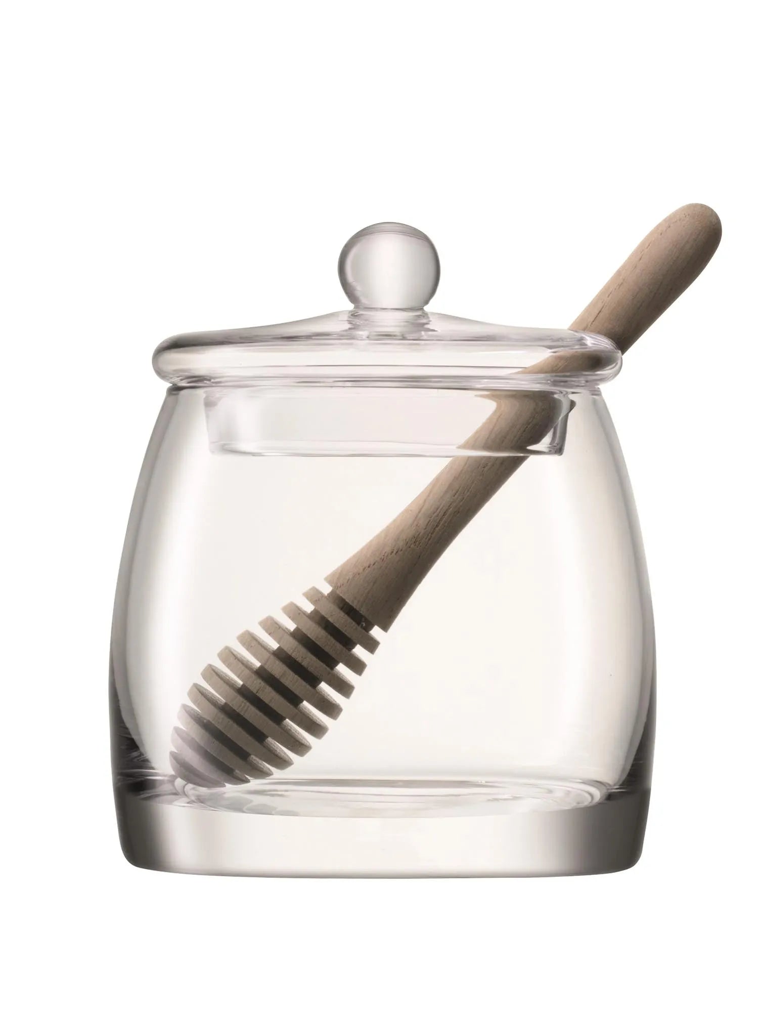 Eleganter Honigtopf aus Eichenholz und klarem Glas, 12,5 cm hoch, ideal für stilvolle Küchen.