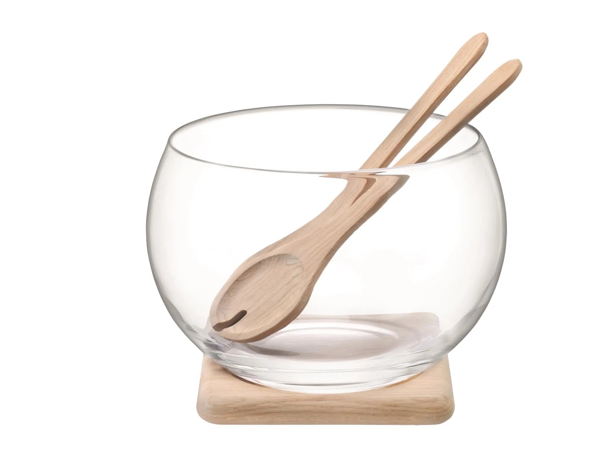 Elegantes Serve Salat-Set von LSA: Eichenplatte Ø27cm, robustes Glas, ideal für stilvolle Präsentationen und langlebige Nutzung.
