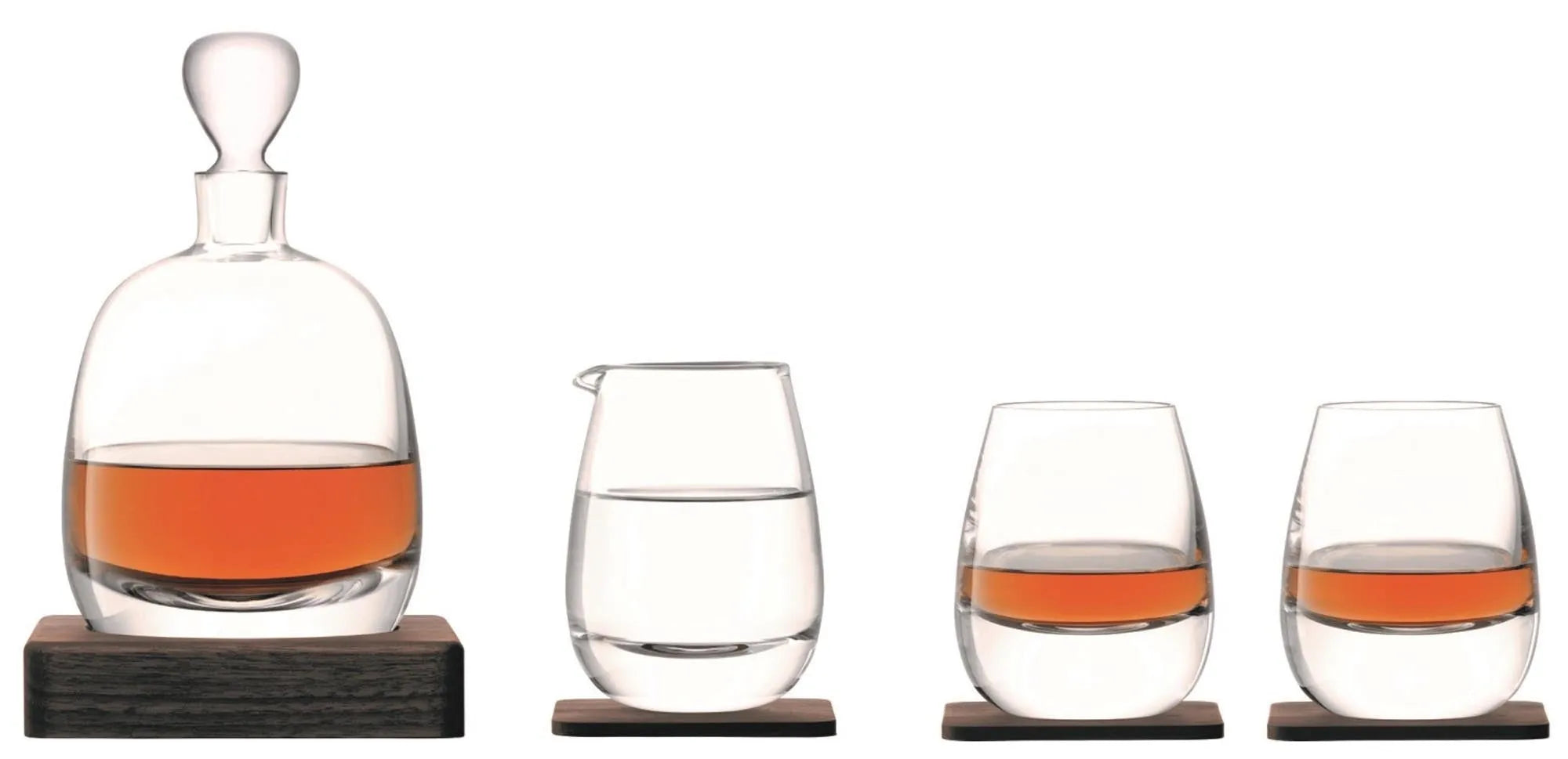 Elegantes Islay Whisky Set von LSA: Klare Karaffe, 4 Gläser, Nussbaum-Deckel. Perfekt für Whisky-Liebhaber.