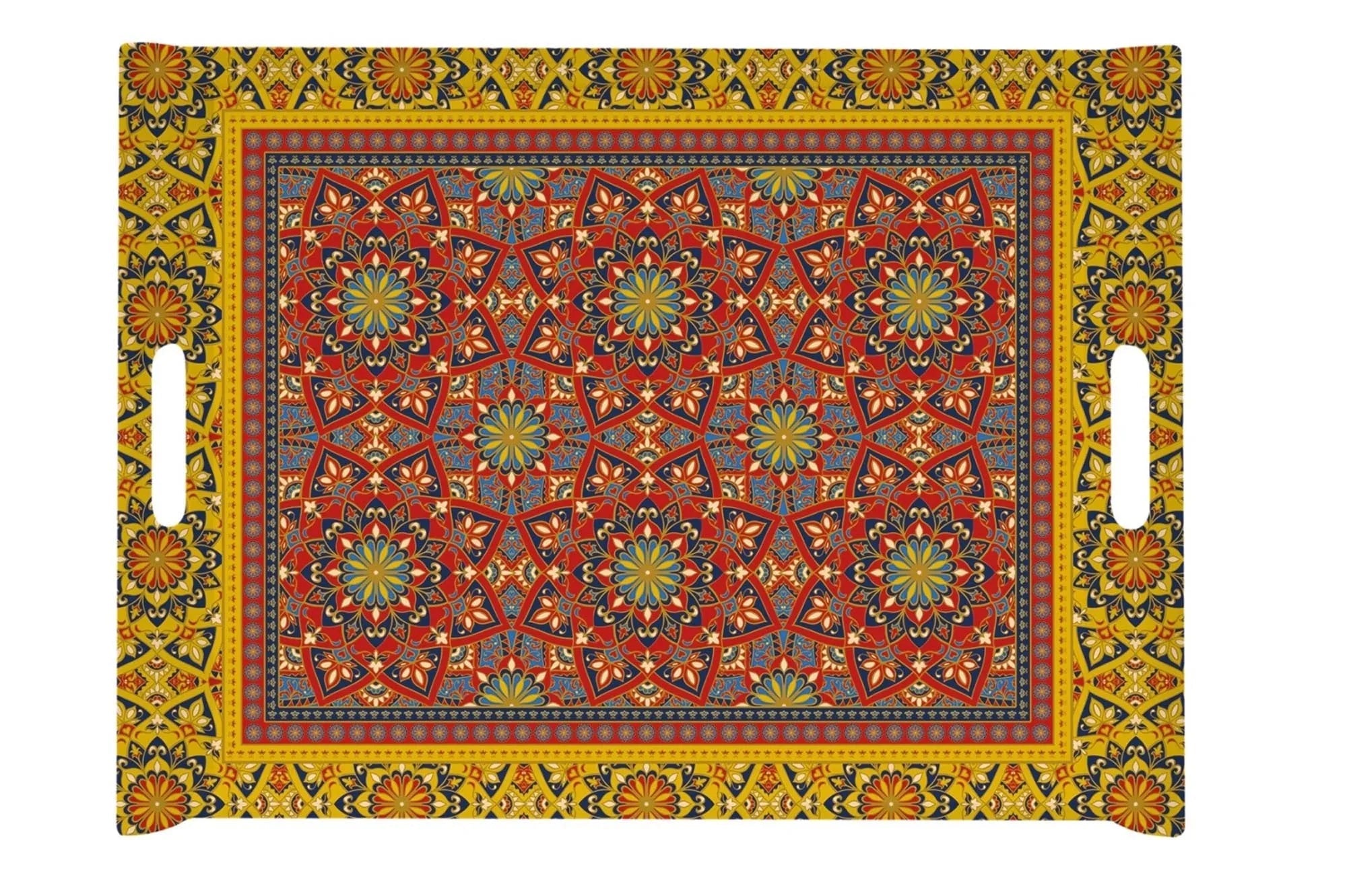 Elegantes Mandala-Tablett aus Melamin, 52x37cm, mit Griffen. Robust, spülmaschinenfest, ideal für Servieren & Dekor.