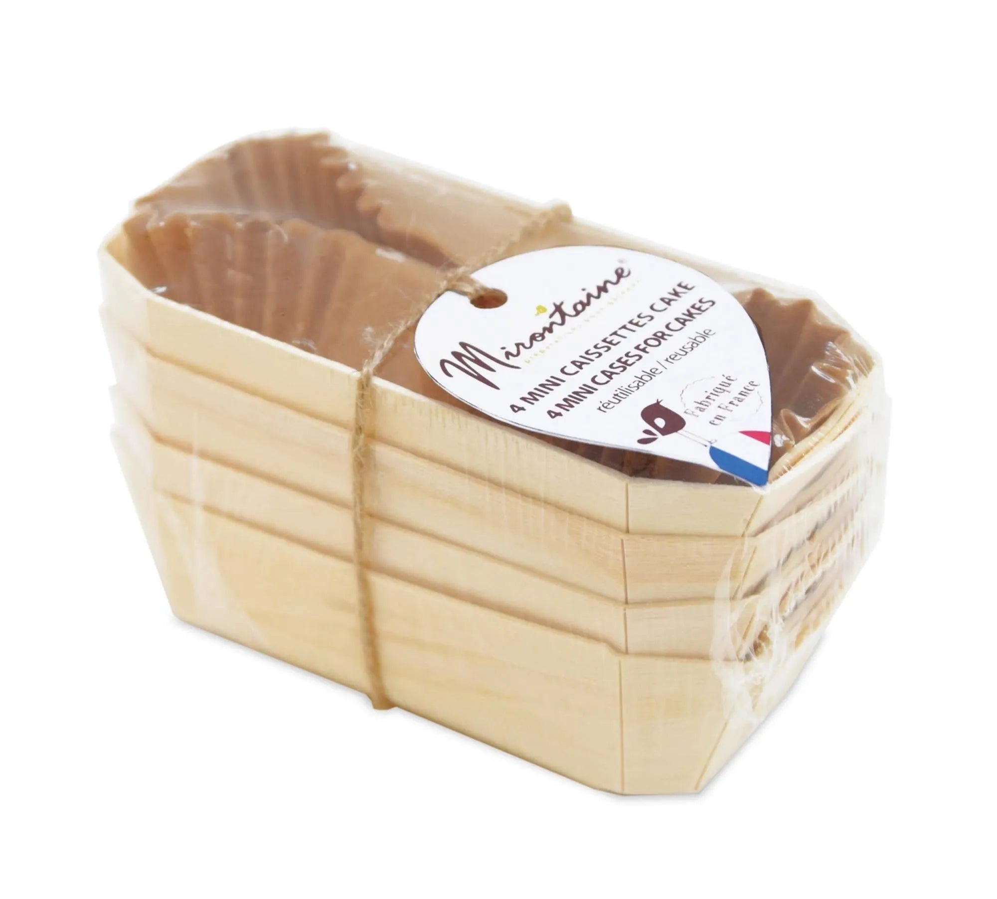 4 Mini Kuchenbackformen (12x6cm) aus Buchenholz mit 8 Backpapieren. Hervorragende Wärmeleitung, langlebig, vielseitig, platzsparend.