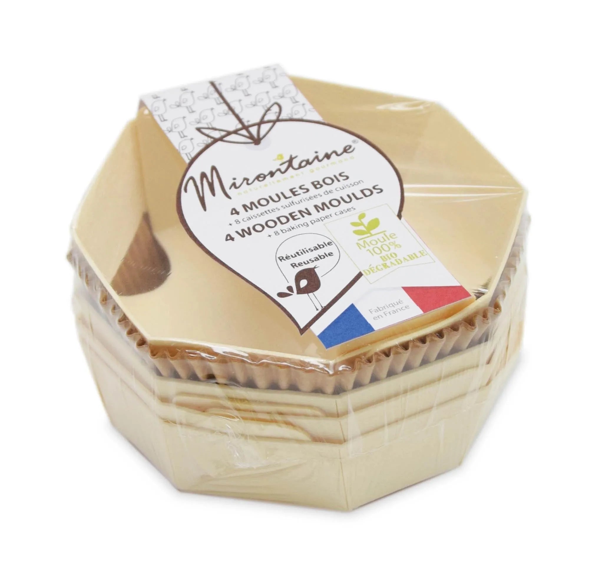 4 Mini Backformen (D11cm) aus Buche mit 8 Backpapieren. Perfekt für kreative Mini-Kuchen und Muffins. Rustikaler Charme für Ihre Küche.