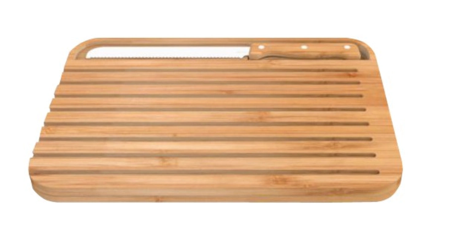 Entdecken Sie das Pebbly Brotschneidebrett & Brotmesser natural aus nachhaltigem Bambus. Ideal zum Schneiden von Brot und Gemüse, 36x26 cm.