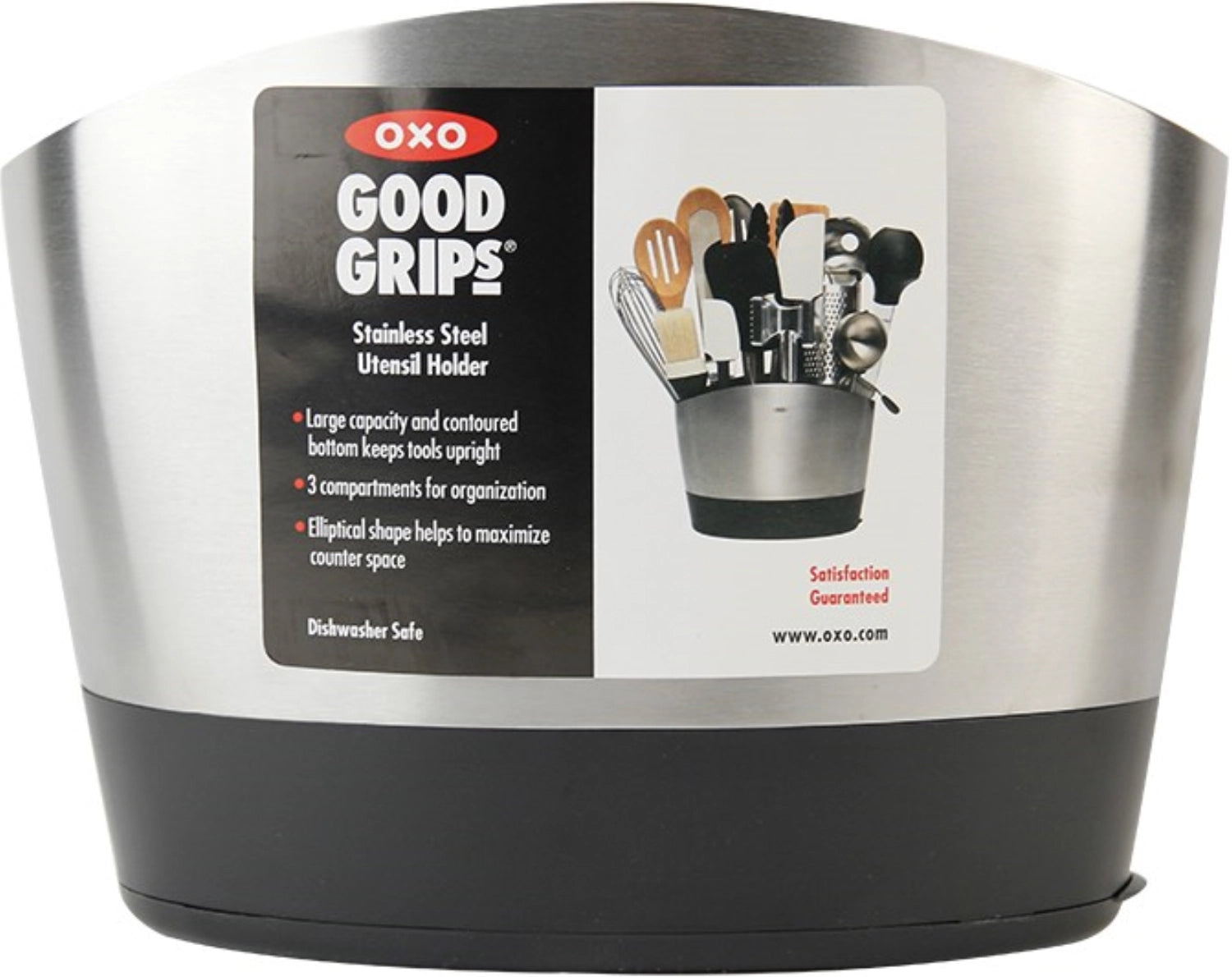 Moderner Edelstahl Utensilienhalter von OXO, ideal zur stilvollen Organisation von Kochlöffeln und Küchenutensilien in Ihrer Küche.