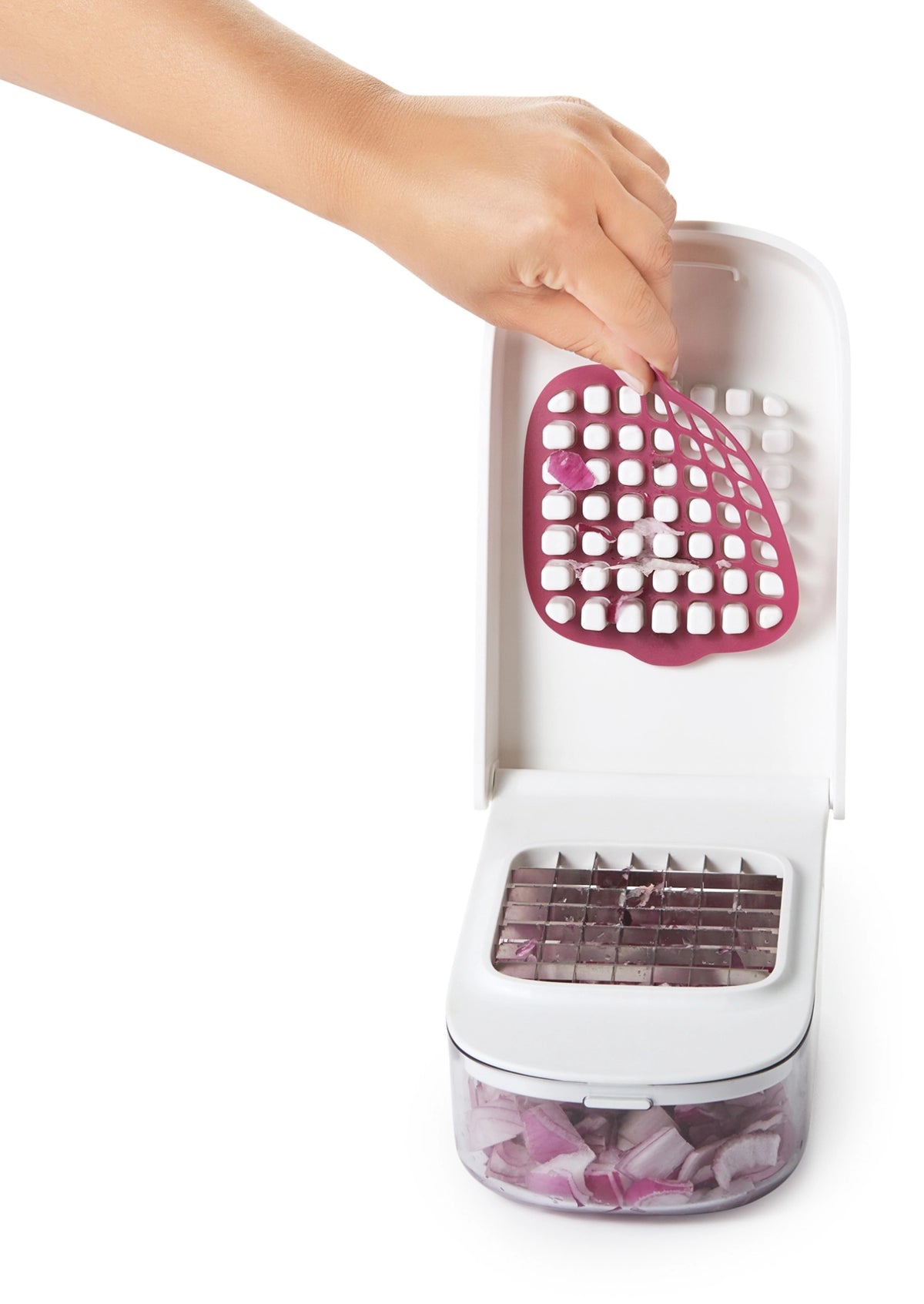 Gemüse-Zwiebelschneider, weiss in Transparent präsentiert im Onlineshop von KAQTU Design AG. Küchenhelfer ist von OXO