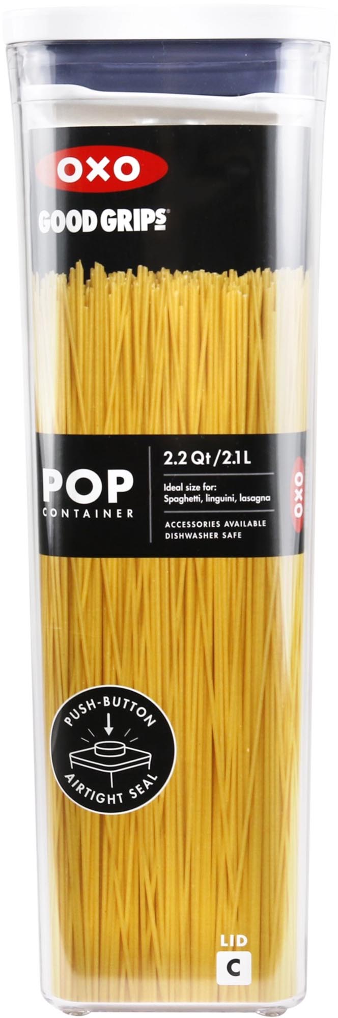 Der OXO POP 2.0 Behälter: stilvoll, BPA-frei, luftdicht, stapelbar. Perfekt für Cerealien, Reis, Pasta. Masse: 10,6x10,6x32 cm, 2,1 l.