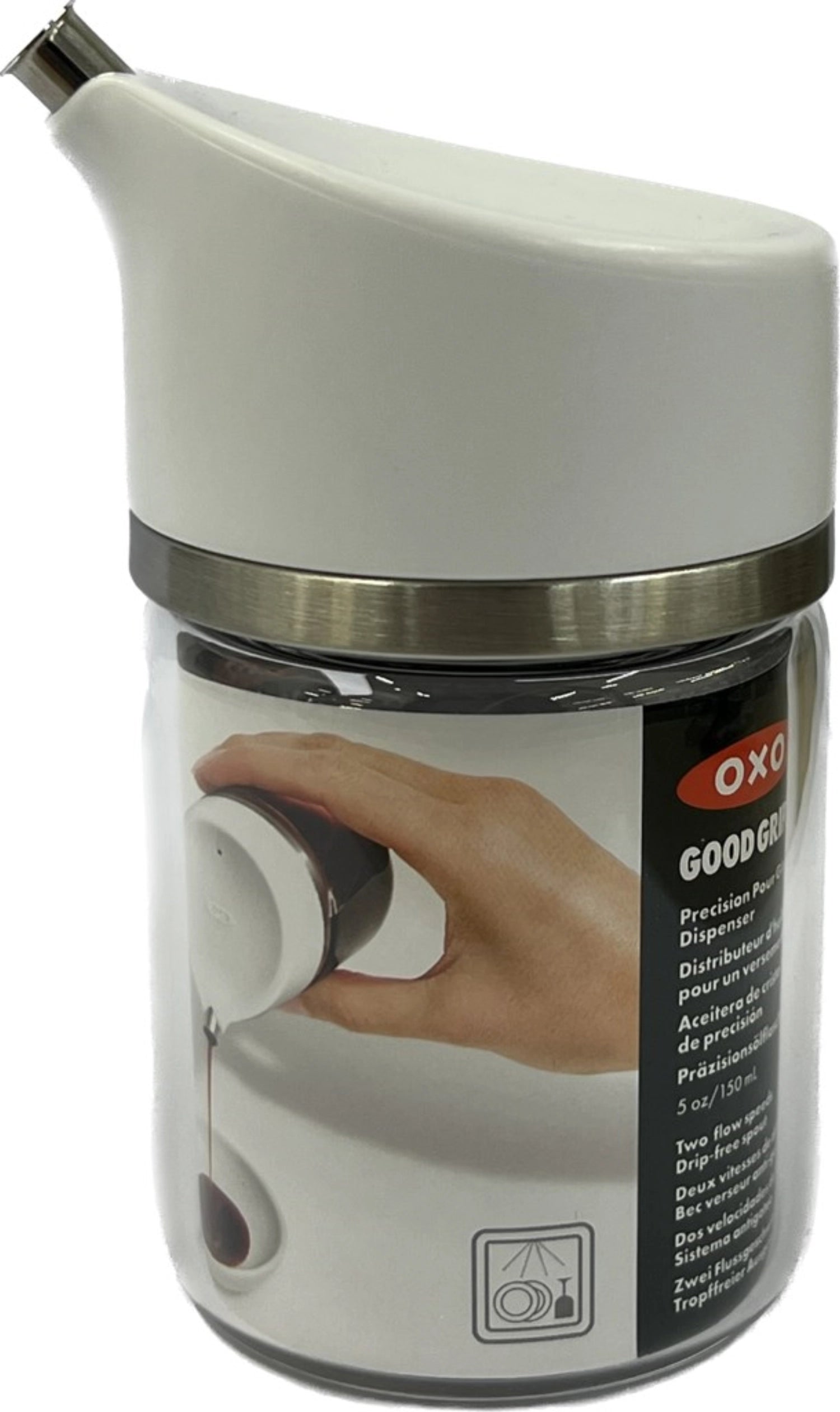 Elegante OXO Glasölflasche (150ml) für präzises Dosieren von Ölen, perfekt zum Verfeinern von Gerichten und für die Küche.