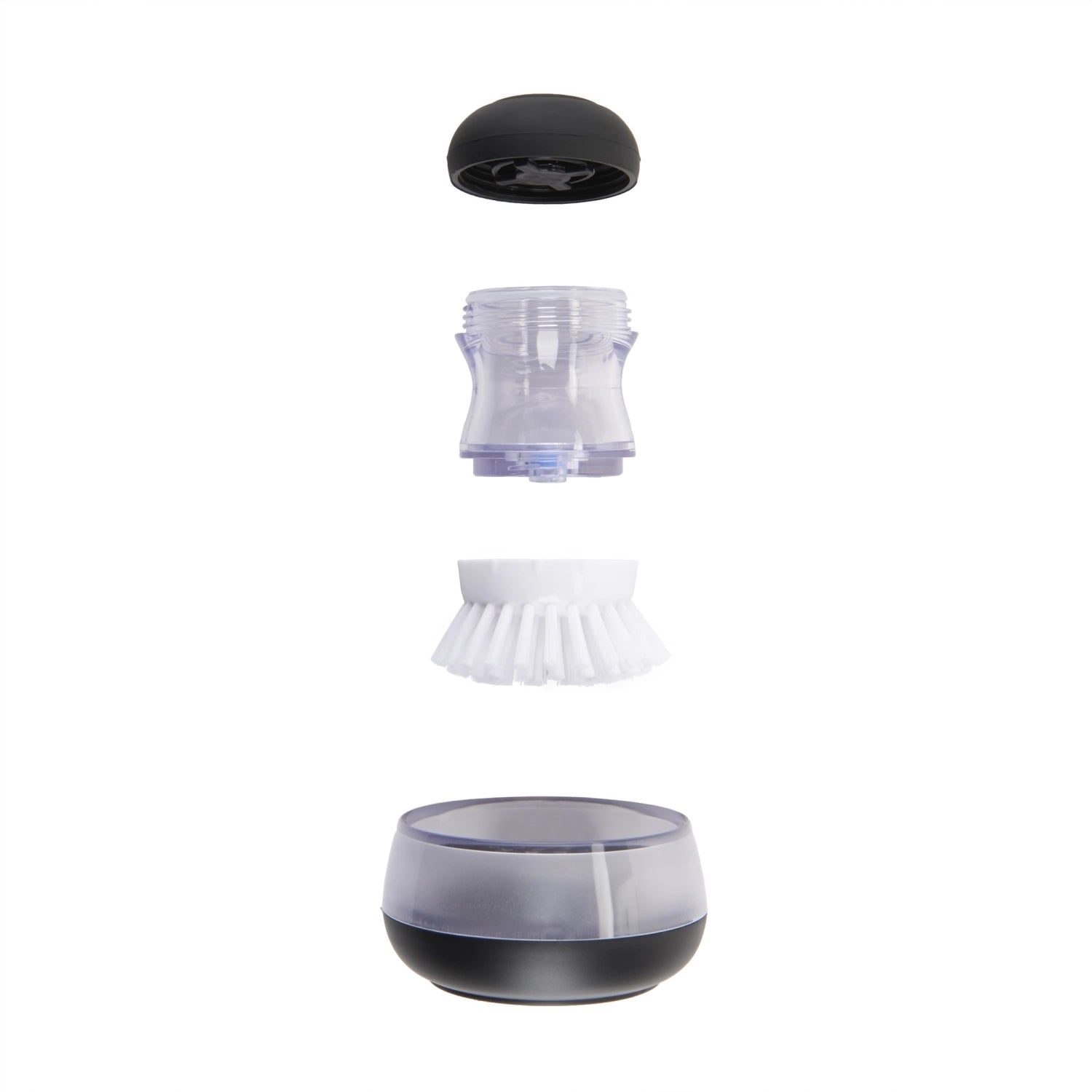 Praktisches OXO Handbürstenset mit integriertem Seifenspender, ergonomisch gestaltet für einfache Reinigung in Küche und Haushalt.
