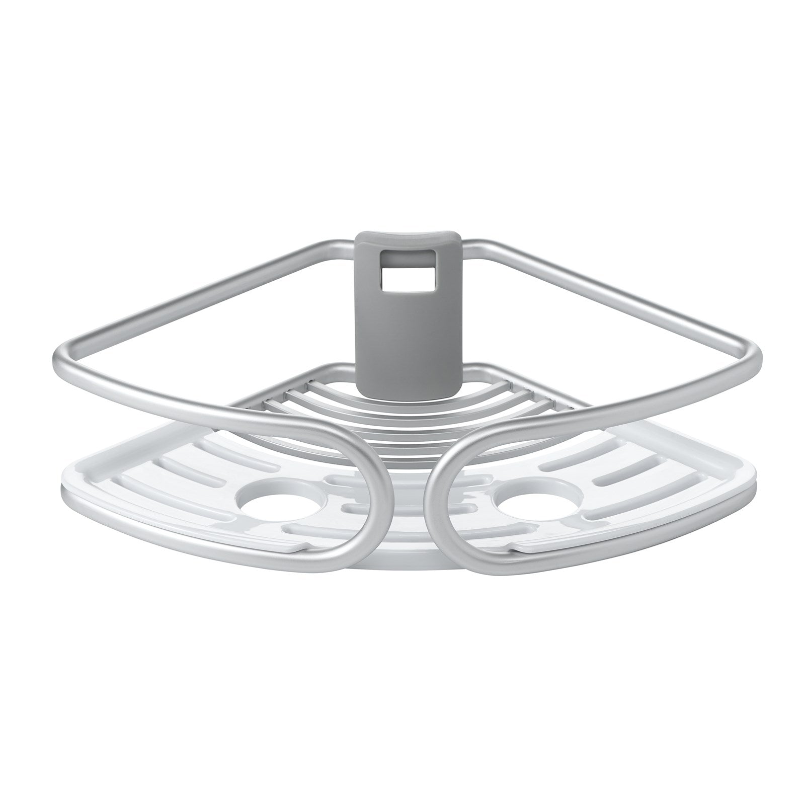 Stylisches OXO Eck-Duschregal aus langlebigem Aluminium mit anpassbarer Spannstange. Bietet viel Platz für Badutensilien und ist pflegeleicht.