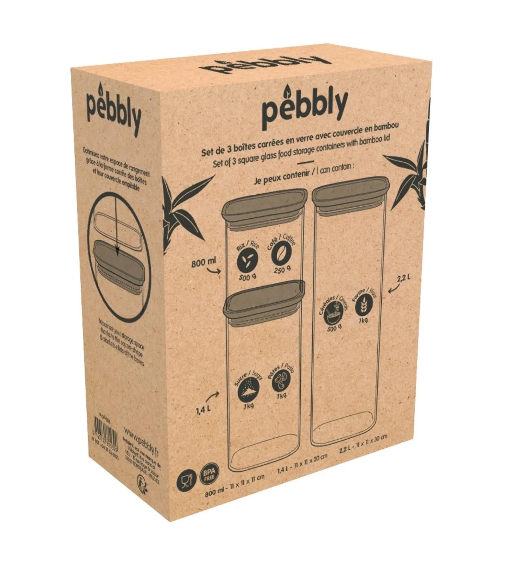 Pebbly Vorratsgläser Set: Stilvolle Aufbewahrung mit Bambusdeckel.