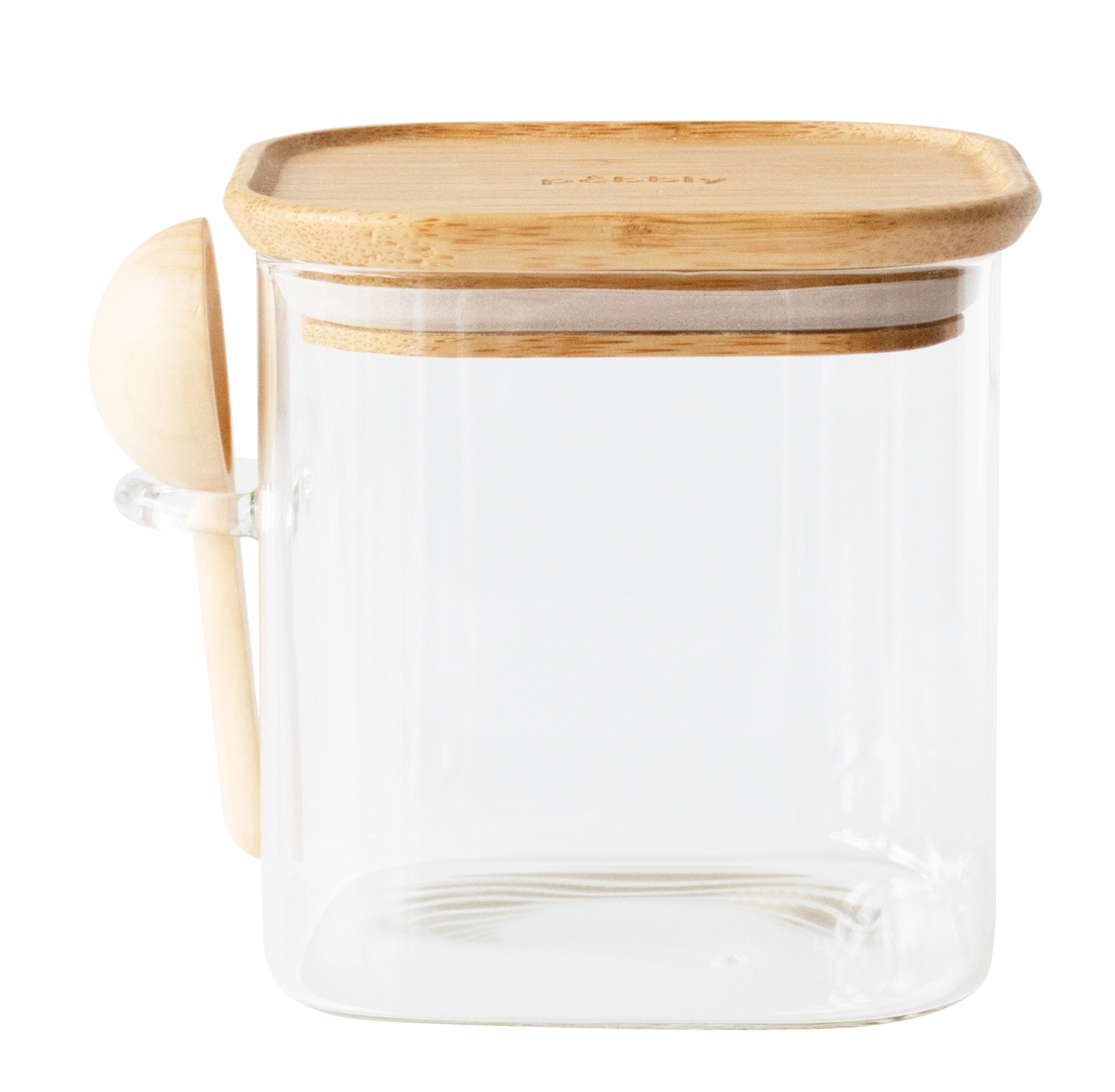 Stilvolles Pebbly Vorratglas (0,8l) aus Borosilikatglas mit Bambusdeckel und 5ml Messlöffel. Ideal für frische, umweltfreundliche Aufbewahrung.