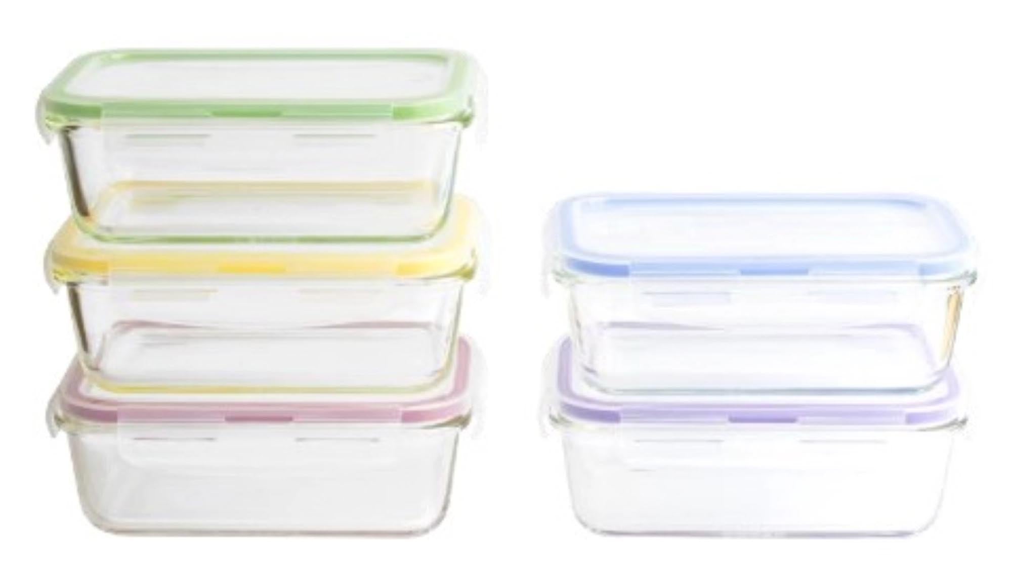 5er Set Pebbly Vorratsglas, 850 ml, aus Borosilikatglas mit luftdichtem Plastikdeckel, ideal für Trockenfrüchte und Gewürze.