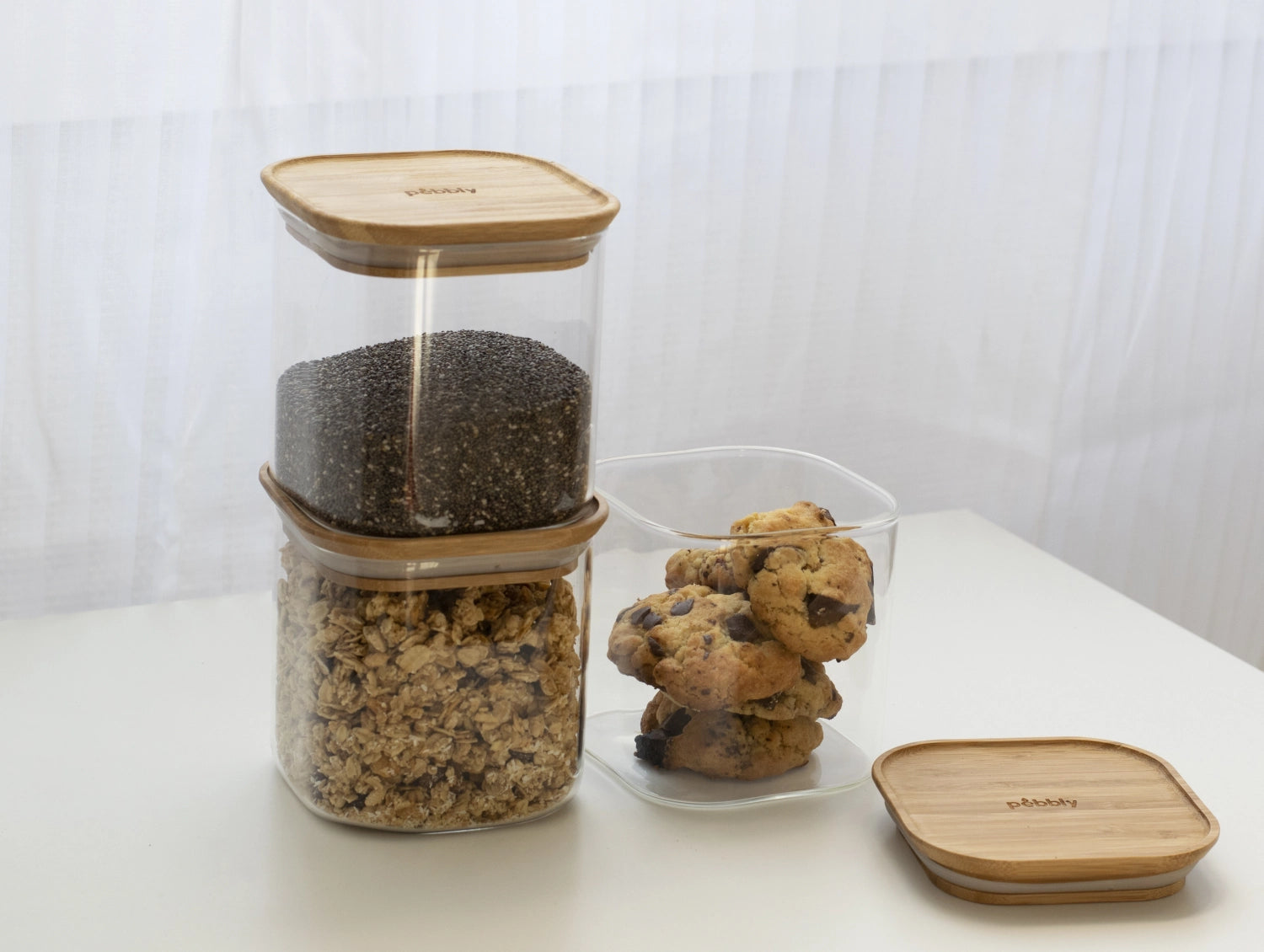Set of 3 <tc>Pebbly</tc> Storage jar with bamboo lid, stackable, 11x11x11