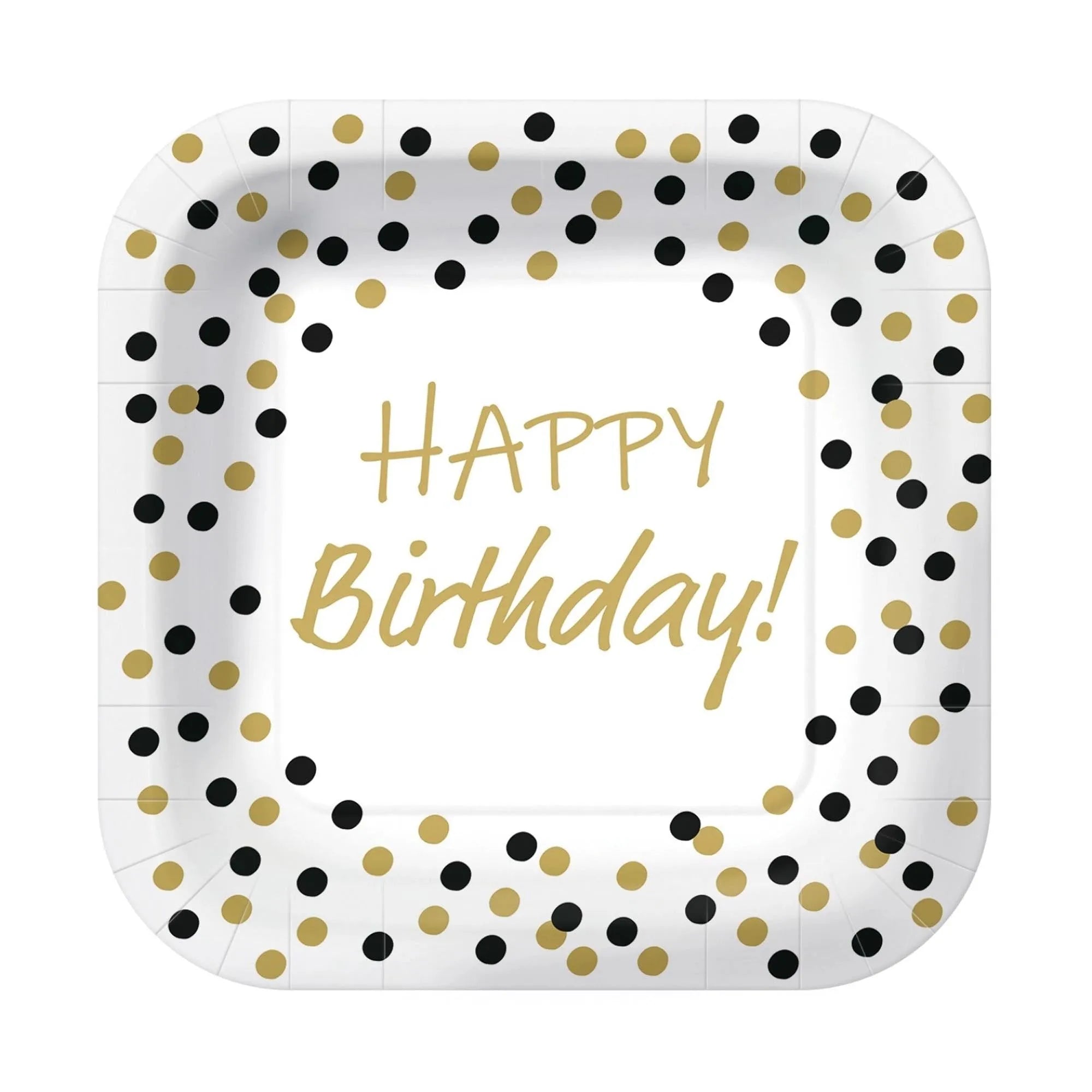 Elegante Pappteller in Gold/Schwarz, 23cm, ideal für Partys. Umweltfreundlich, stabil, stilvolles Konfetti-Design. Perfekt für jeden Anlass.