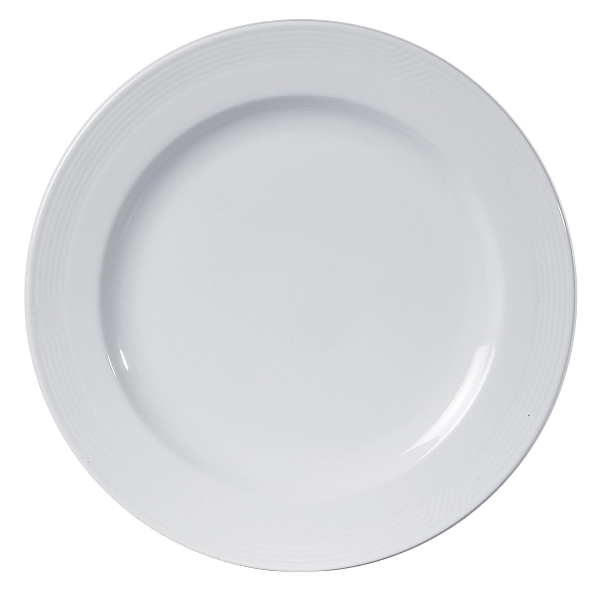 Eleganter, flacher Porzellanteller (31.5cm) von Royal Porcelain: spülmaschinenfest, mikrowellengeeignet, langlebig, mit verstärktem Rand.
