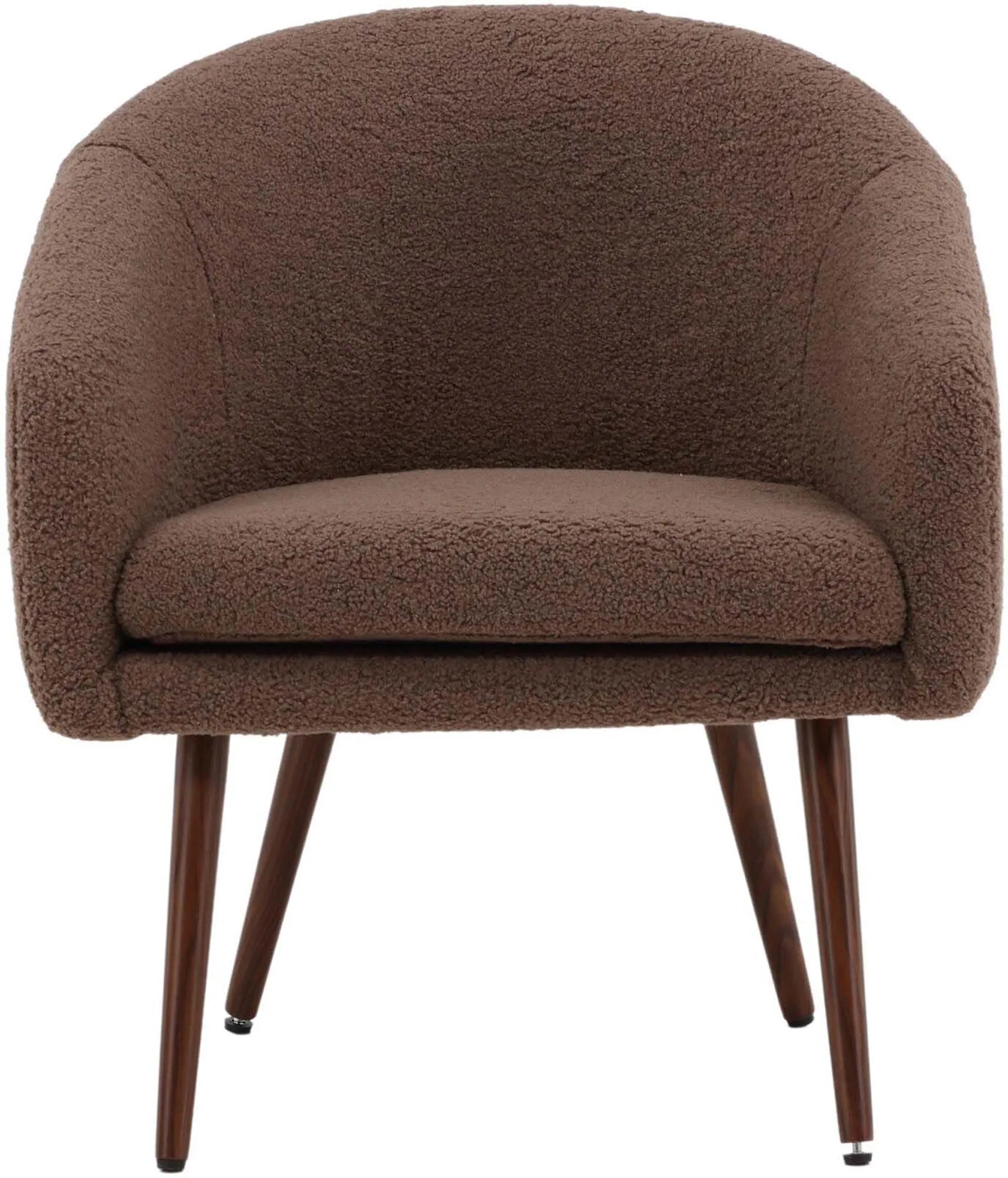 Moderner Sessel in Braun mit Kunstwollstoff, walnussfarbene Stahlbeine, ideal für Wohnzimmer oder Leseecke.
