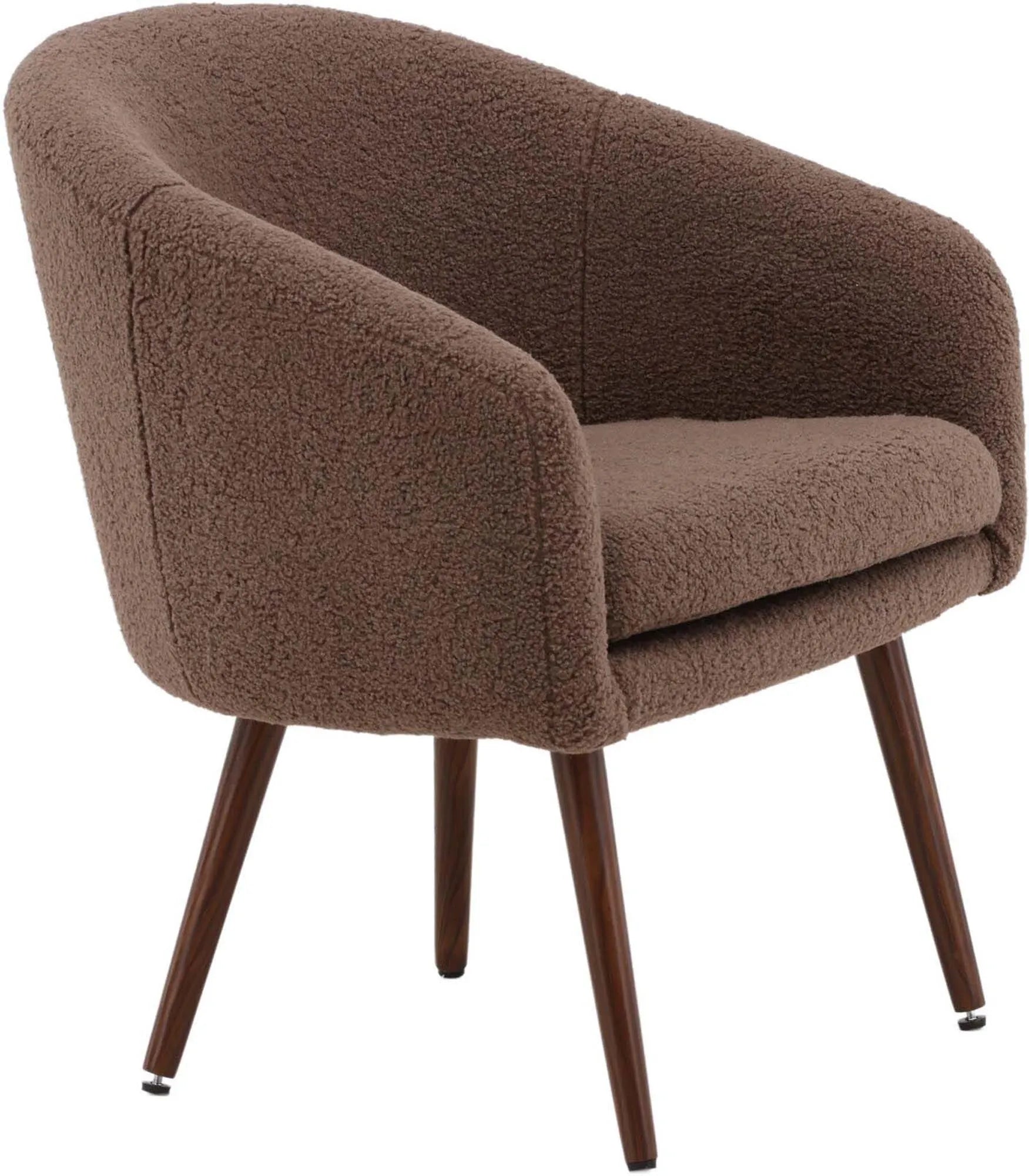 Moderner Sessel in Braun mit Kunstwollstoff, walnussfarbene Stahlbeine, ideal für Wohnzimmer oder Leseecke.