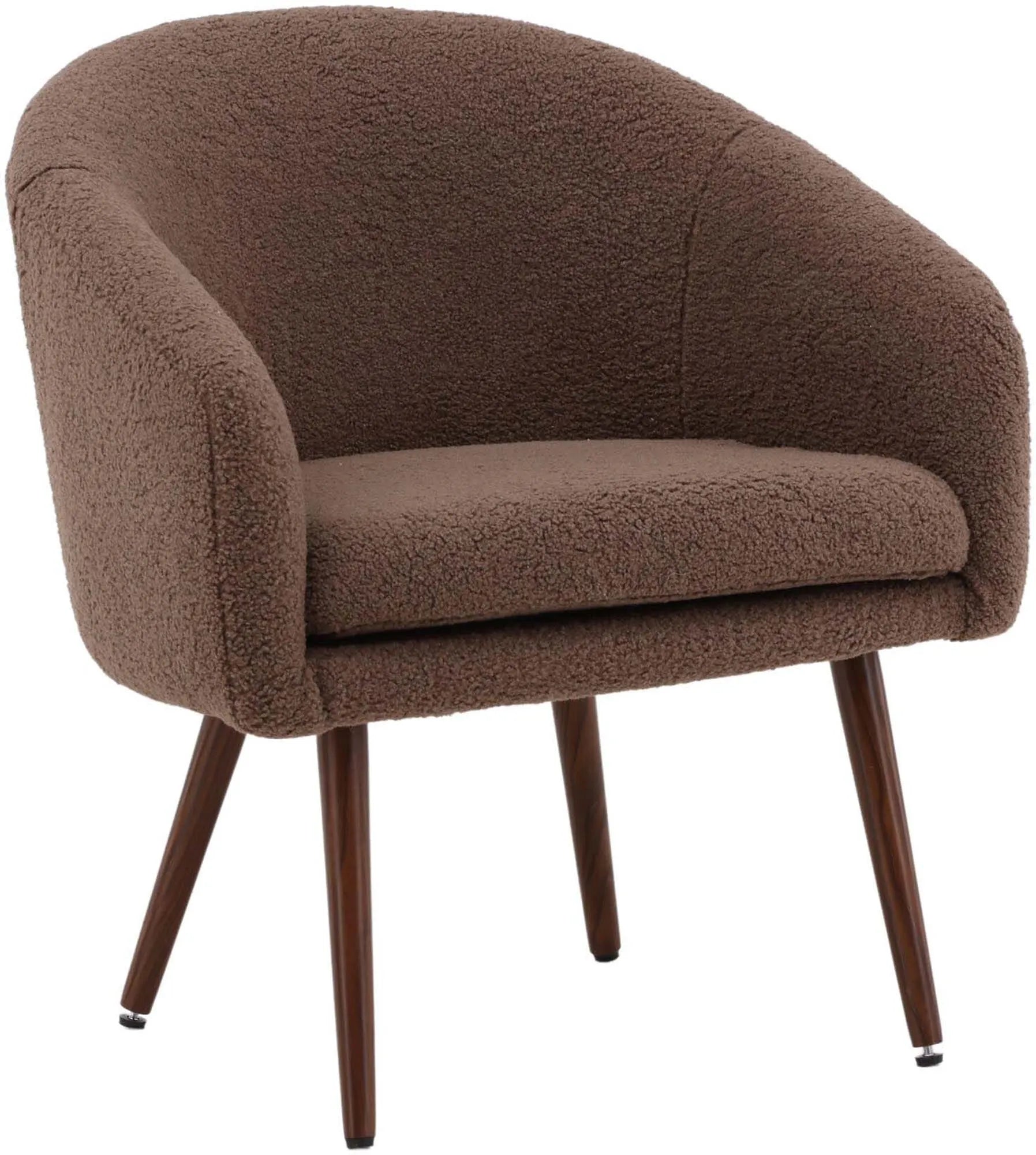 Moderner Sessel in Braun mit Kunstwollstoff, walnussfarbene Stahlbeine, ideal für Wohnzimmer oder Leseecke.