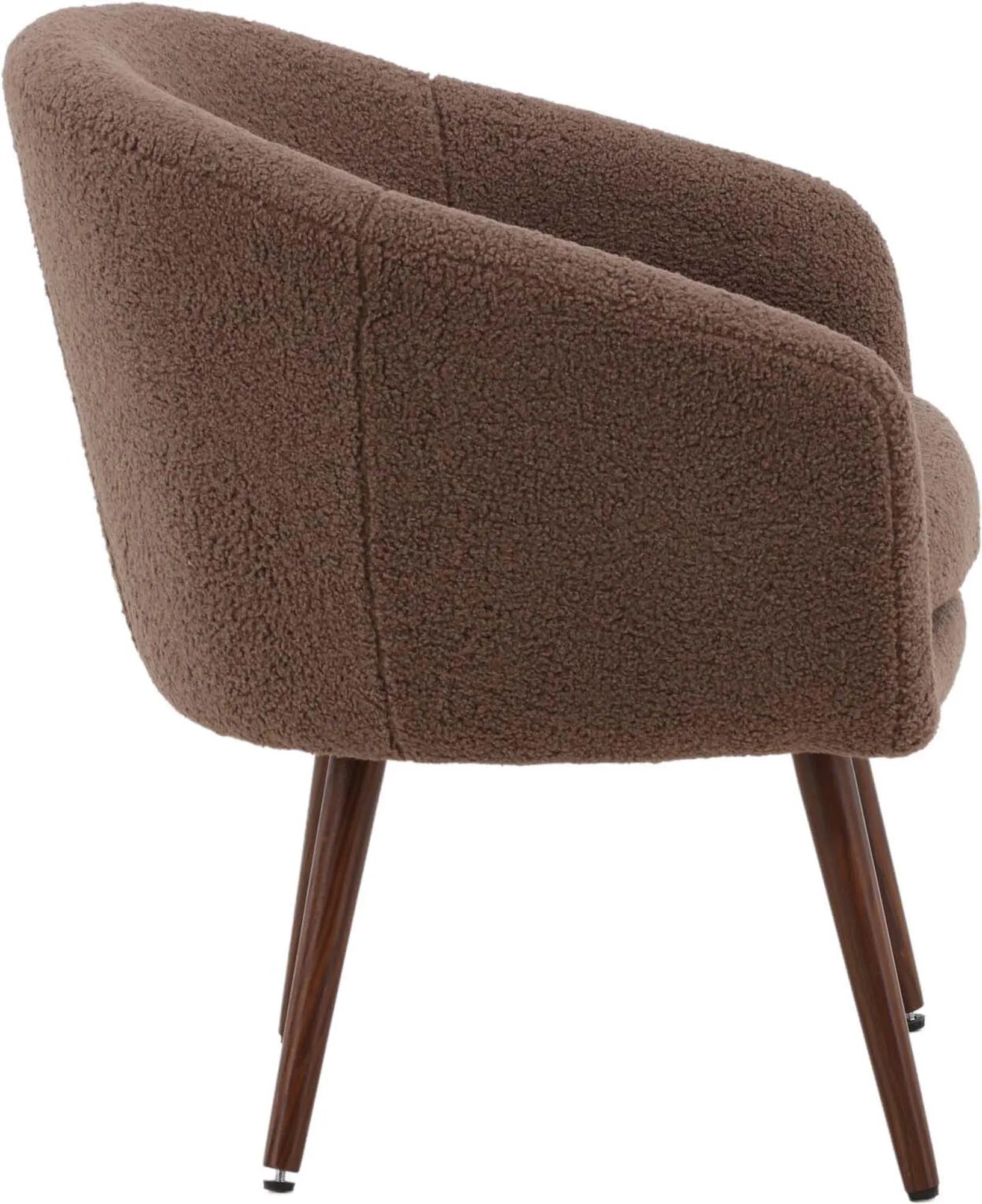 Moderner Sessel in Braun mit Kunstwollstoff, walnussfarbene Stahlbeine, ideal für Wohnzimmer oder Leseecke.